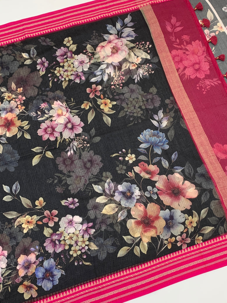 Cotton Kota Floral Printed Saree Black with Pink Border