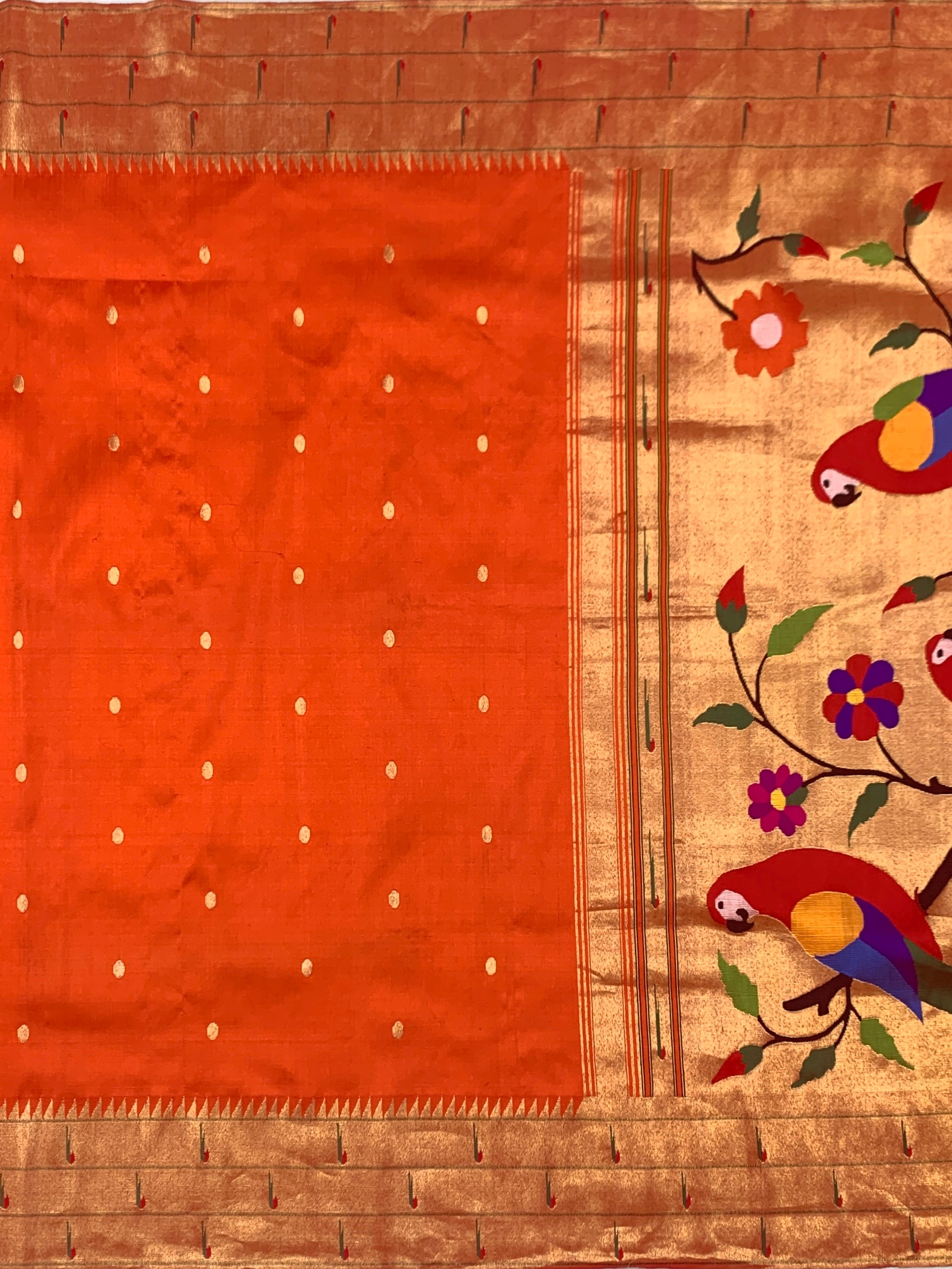 Vibrant Tangerine & Gold Tissue Paithani Silk Saree with Heritage Parrot Pallu
