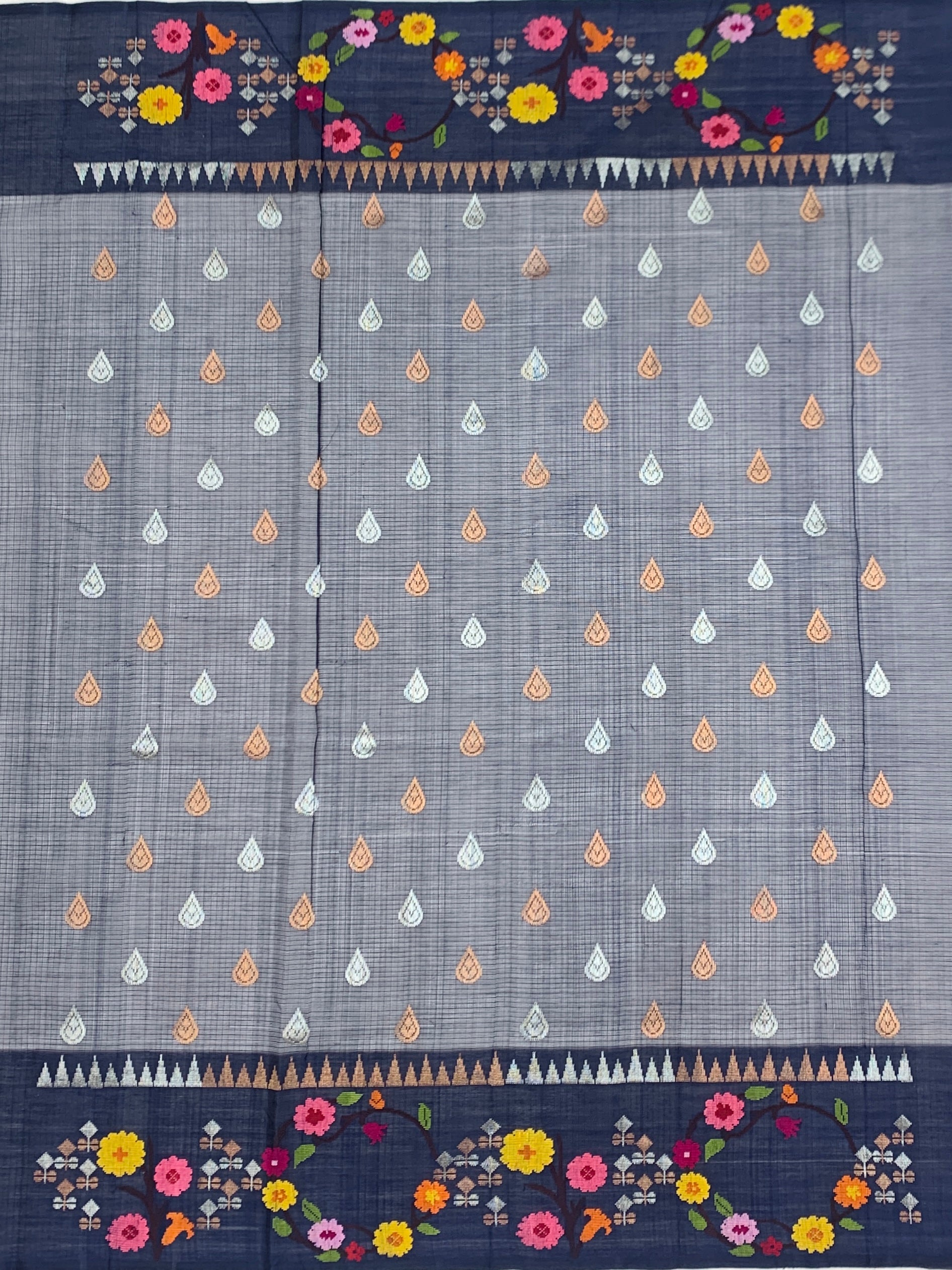 Navy & Steel Blue Zari Kota Saree with Floral Wreath Pallu