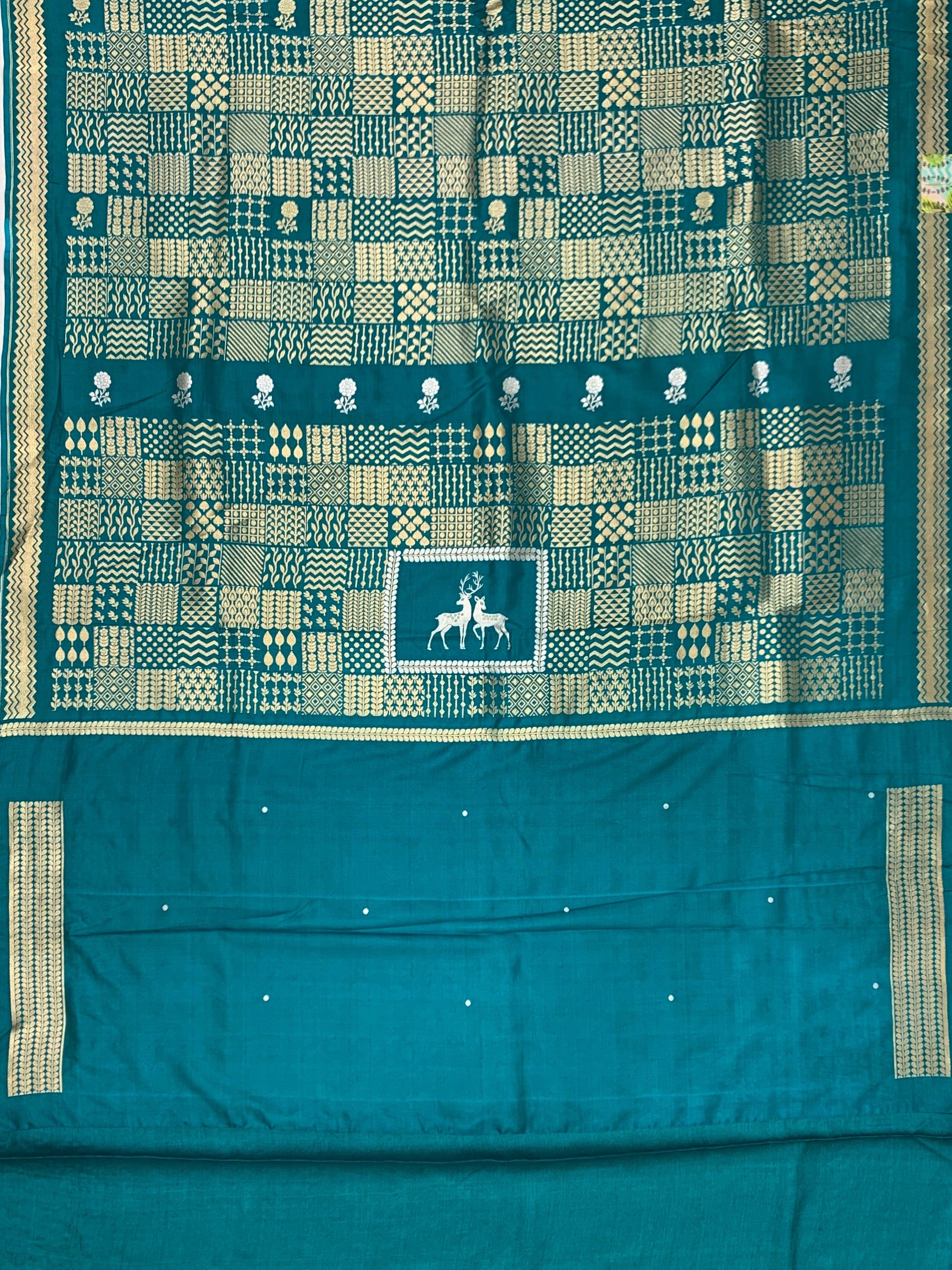 Teal Blossom: Hand-Embroidered Tussar Silk Saree with Designer Blouse
