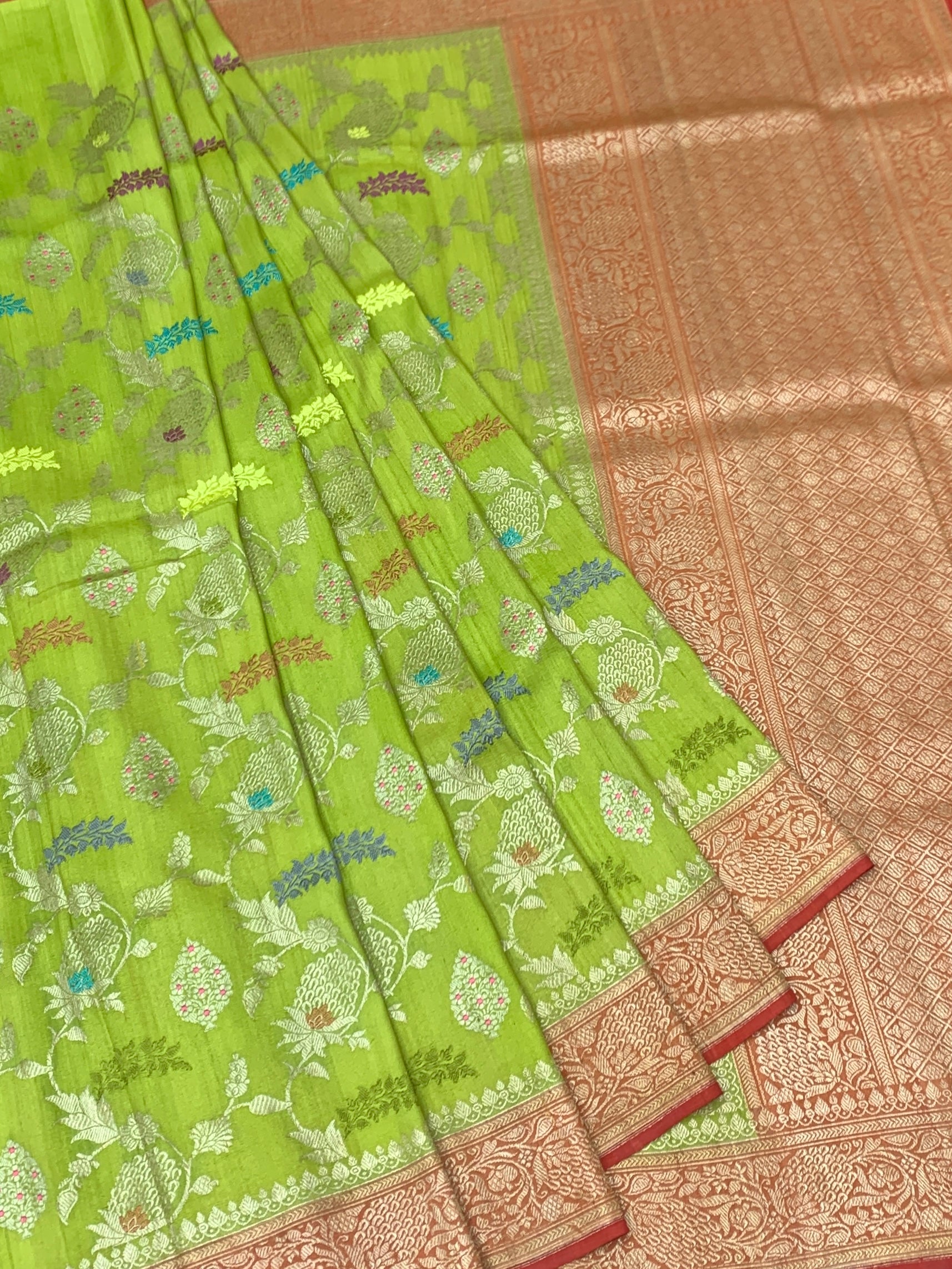 Vibrant Lime Green Tussore Georgette Saree with Meenakari Florals and Coral Red Blouse