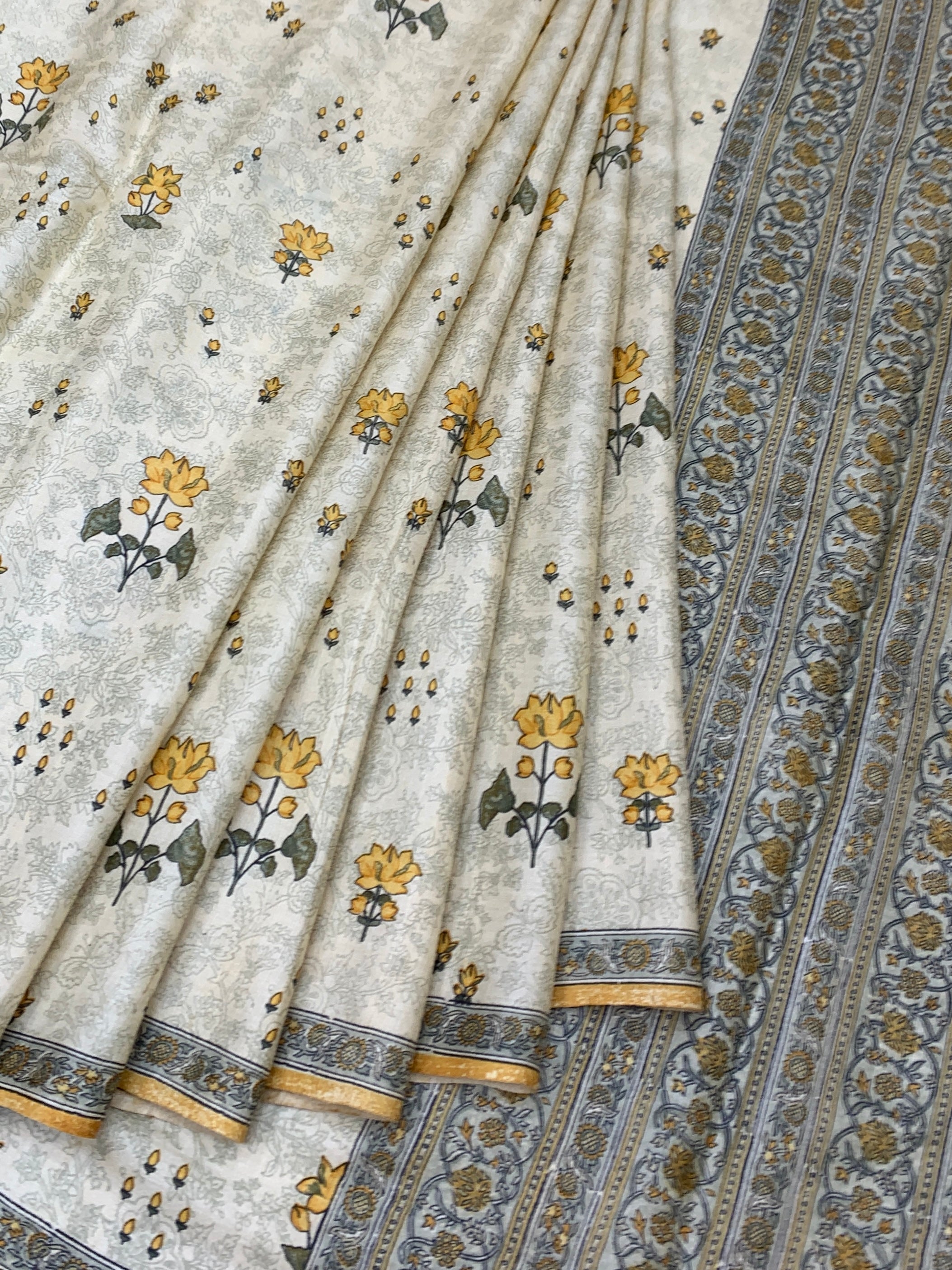 Detailed Hand-Printed Ivory Tussar Silk Saree with Mustard Yellow Rose Motifs