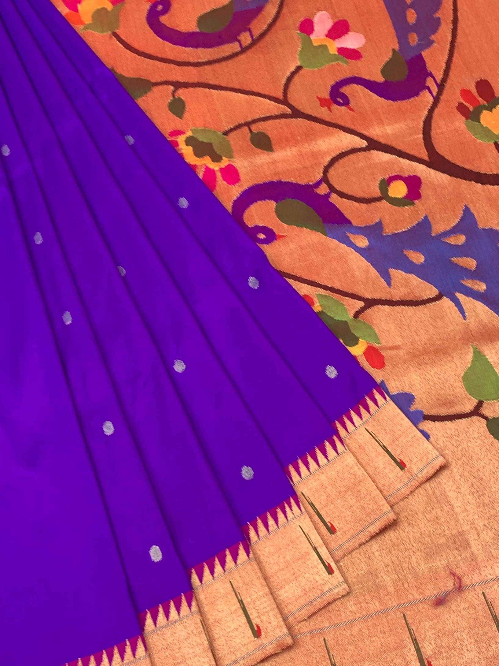 Pristine Silver-White Paithani Silk Saree with Vibrant Floral Pallu