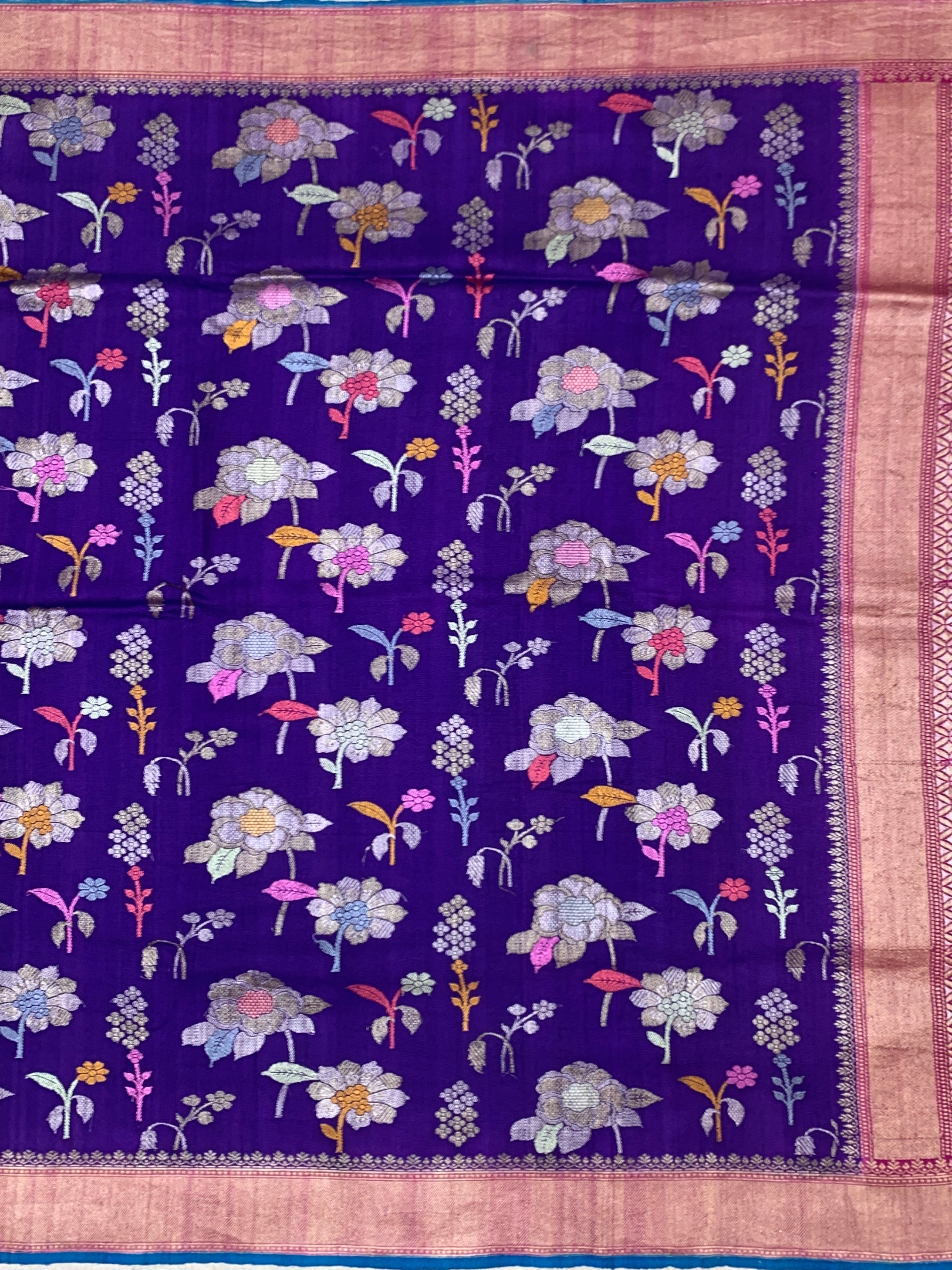 Royal Purple Tussore Georgette Saree with Floral Jaal & Contrast Peacock Blue Blouse