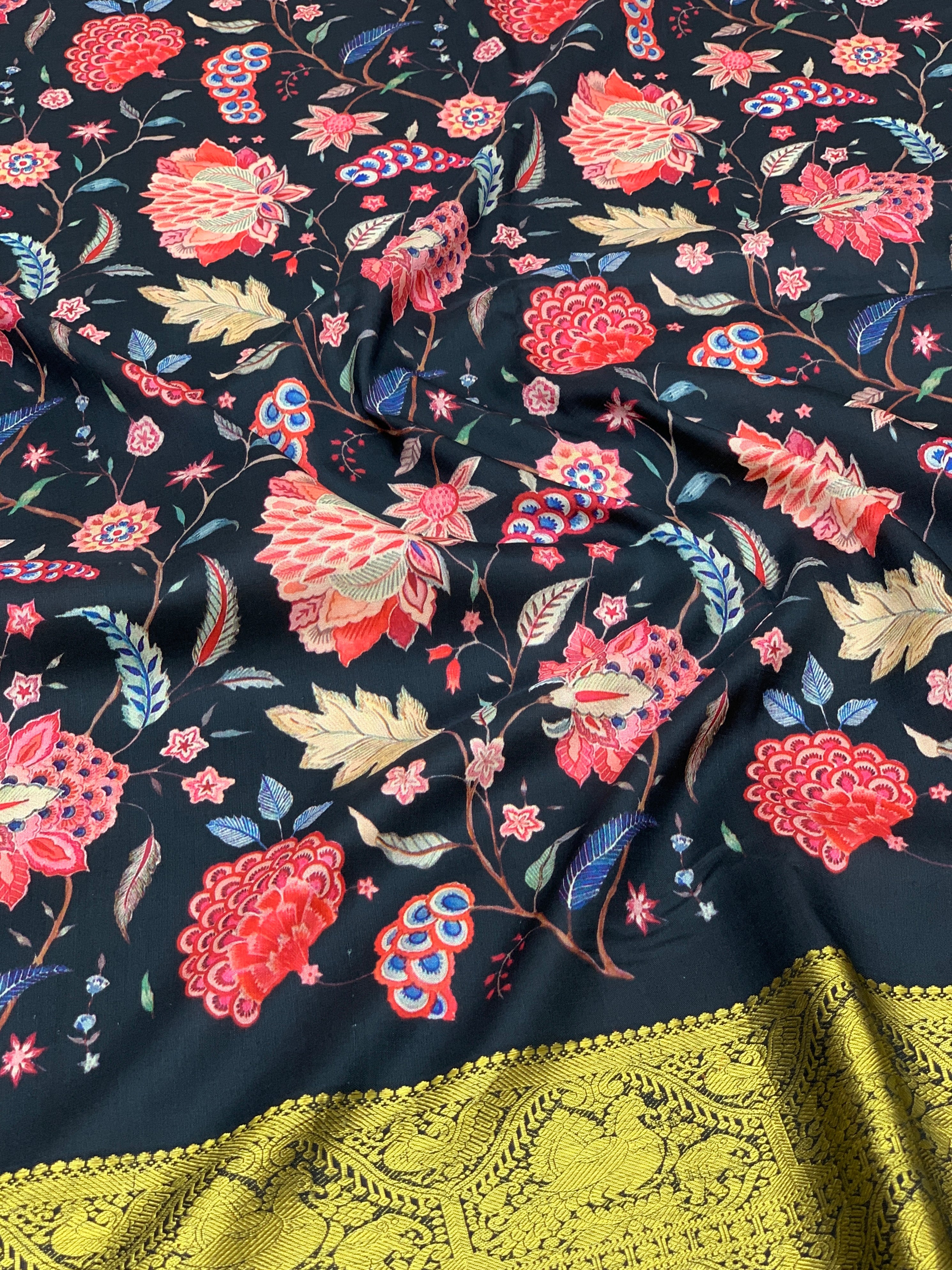 Midnight Black Floral Symphony Printed Kanjeevaram Saree