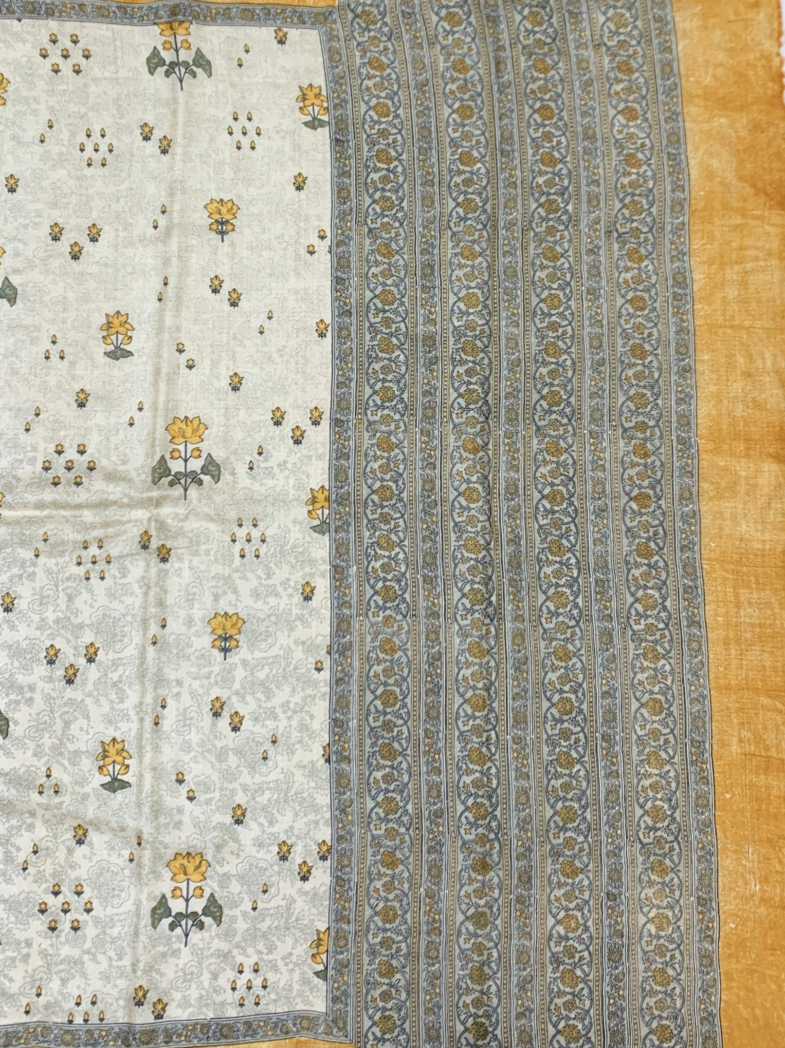 Detailed Hand-Printed Ivory Tussar Silk Saree with Mustard Yellow Rose Motifs