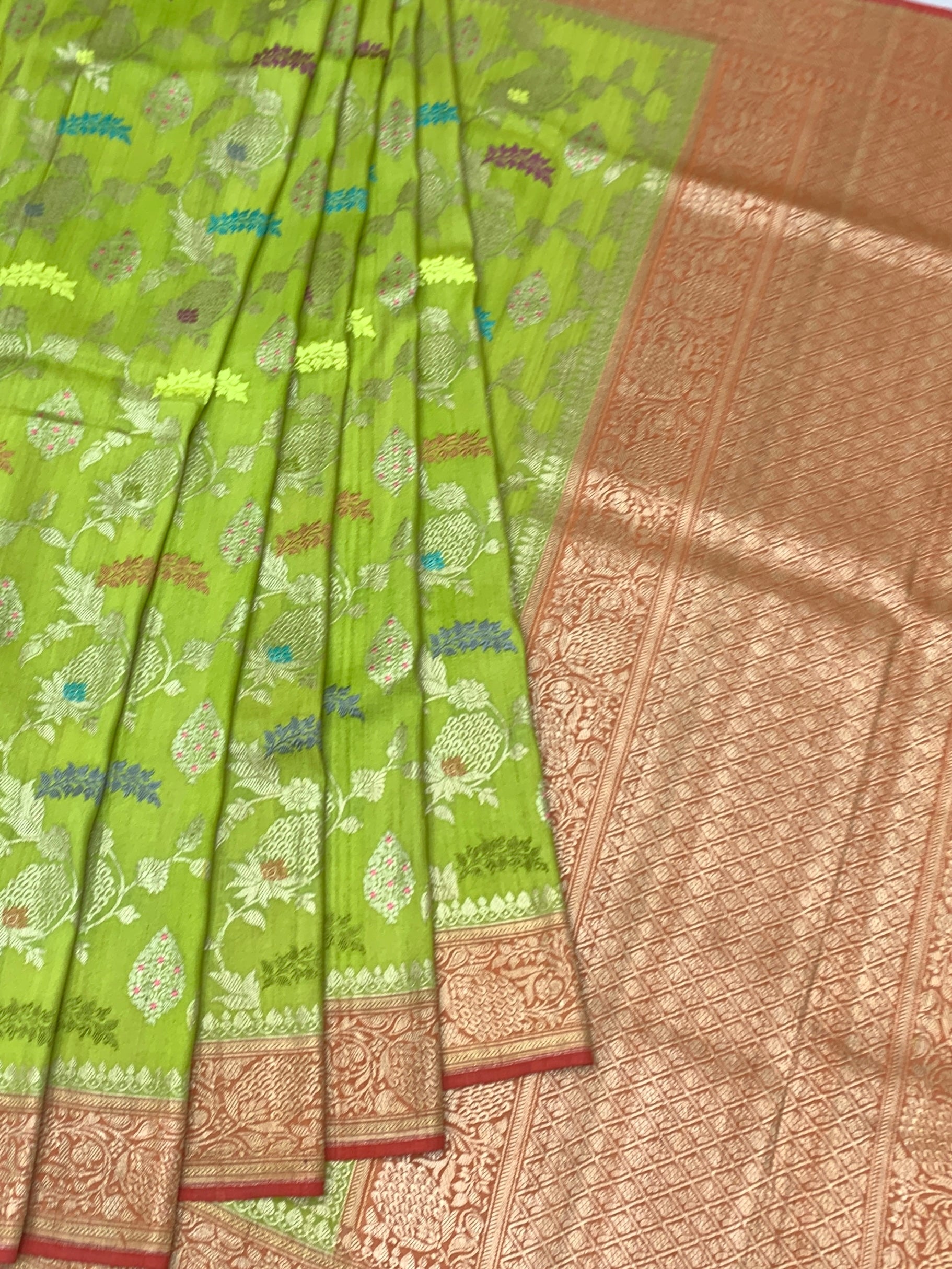 Vibrant Lime Green Tussore Georgette Saree with Meenakari Florals and Coral Red Blouse