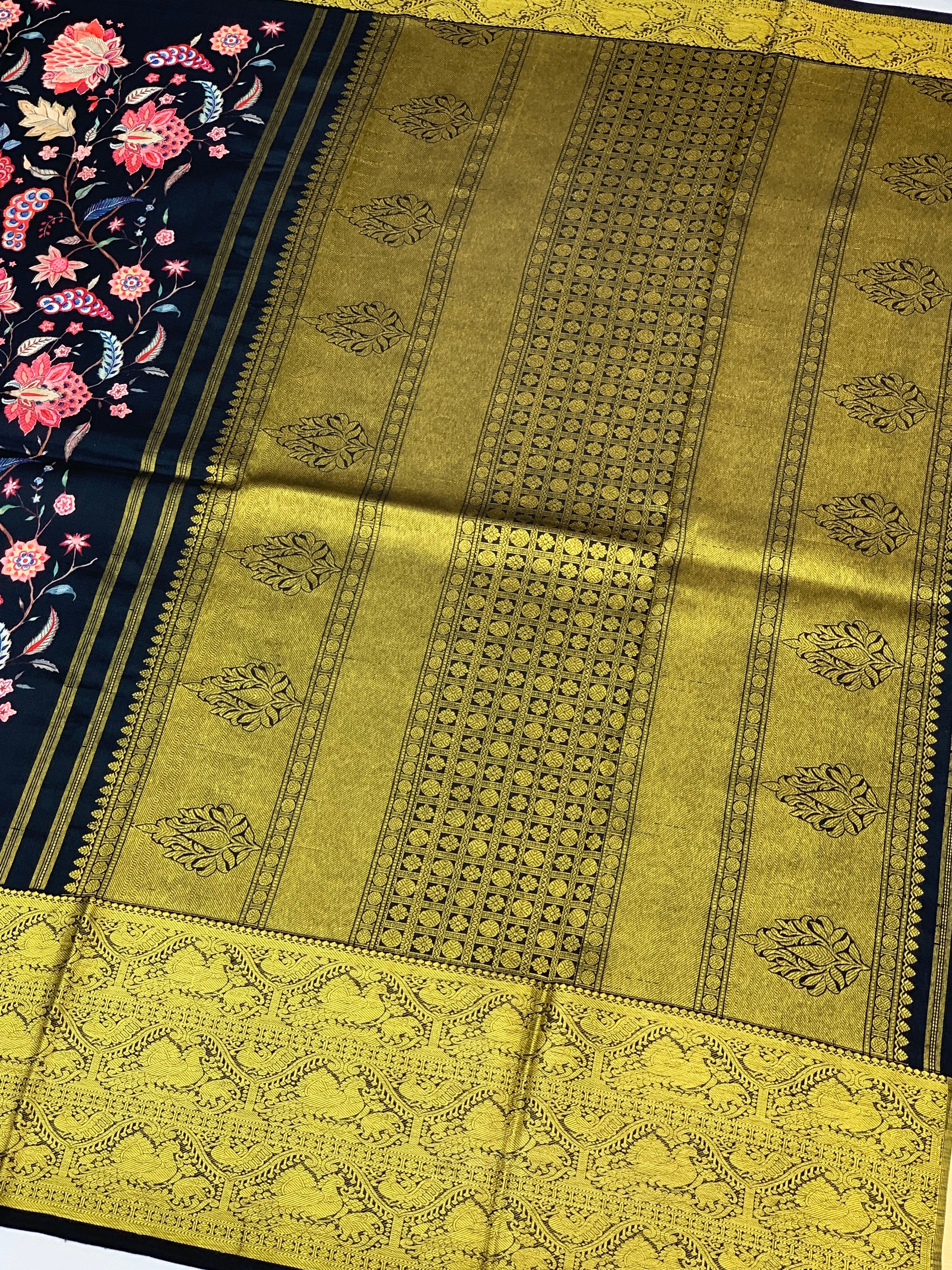 Midnight Black Floral Symphony Printed Kanjeevaram Saree