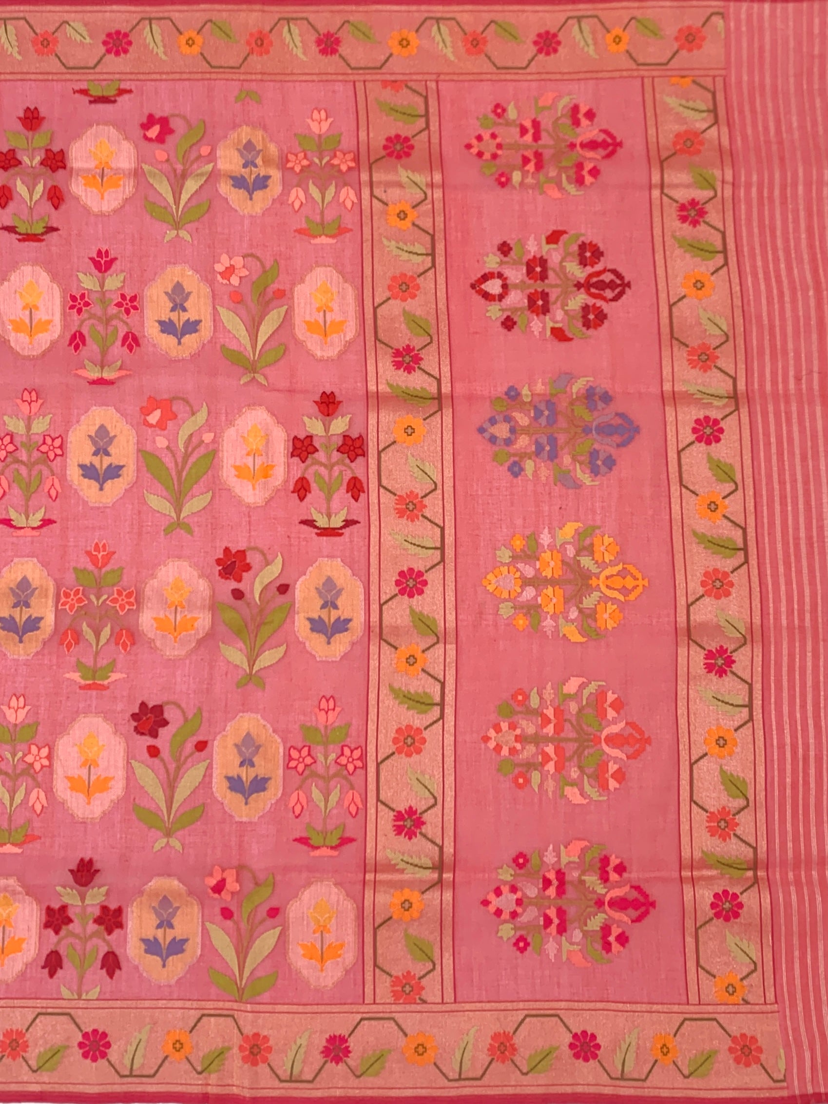 Vibrant Coral Pink Cotton Jamdani Saree with Mughal Floral Grids