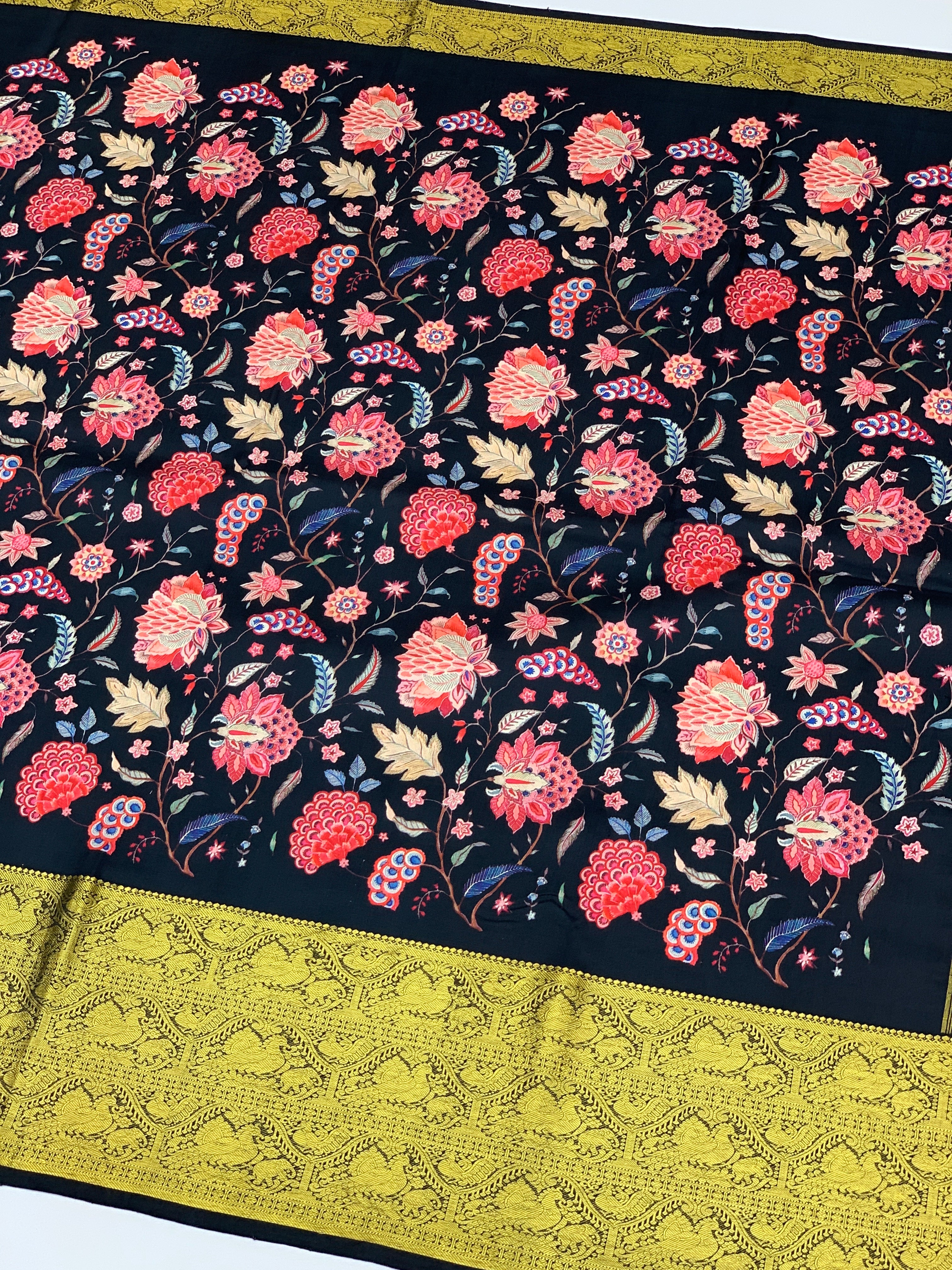 Midnight Black Floral Symphony Printed Kanjeevaram Saree