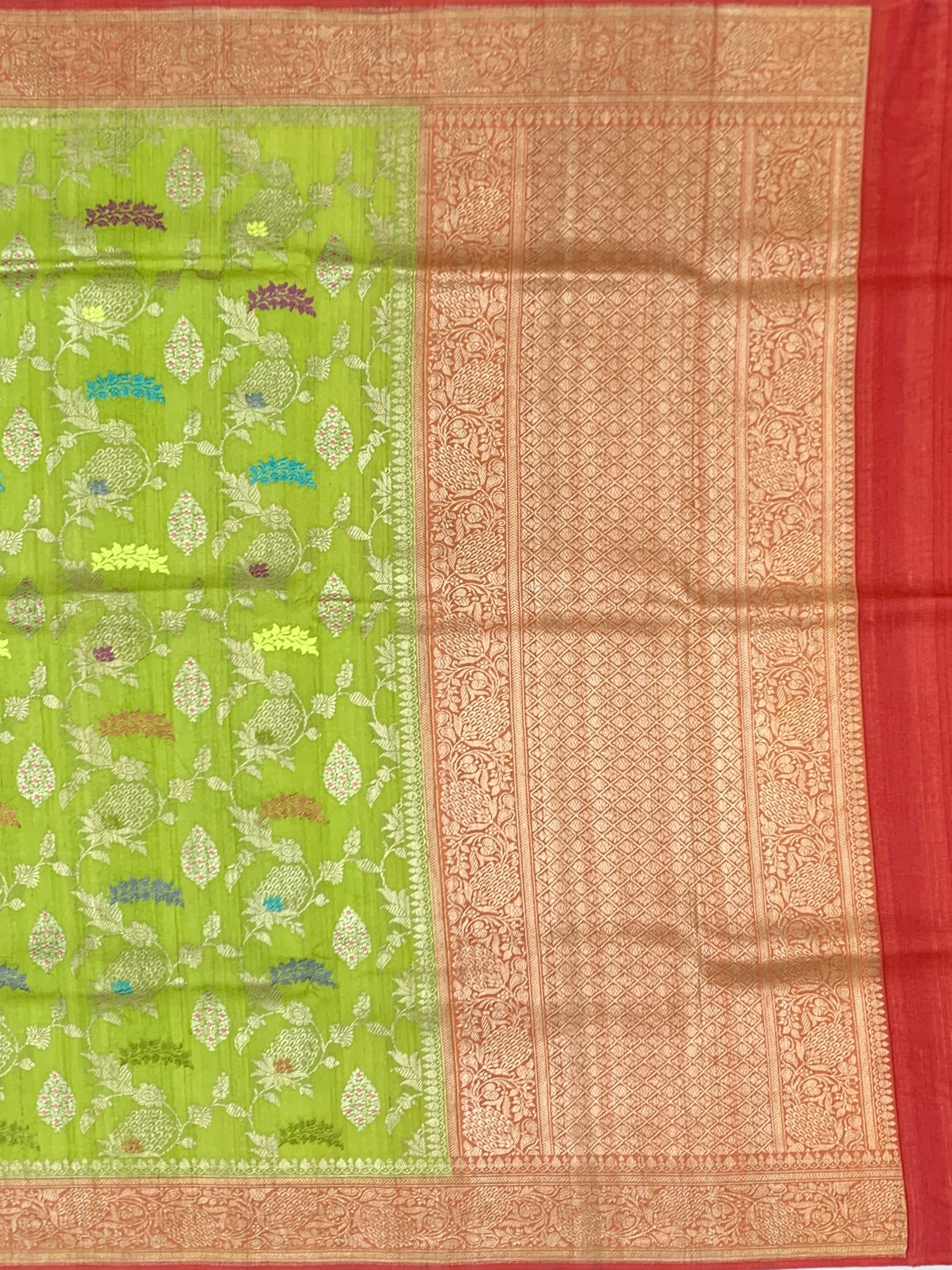 Vibrant Lime Green Tussore Georgette Saree with Meenakari Florals and Coral Red Blouse