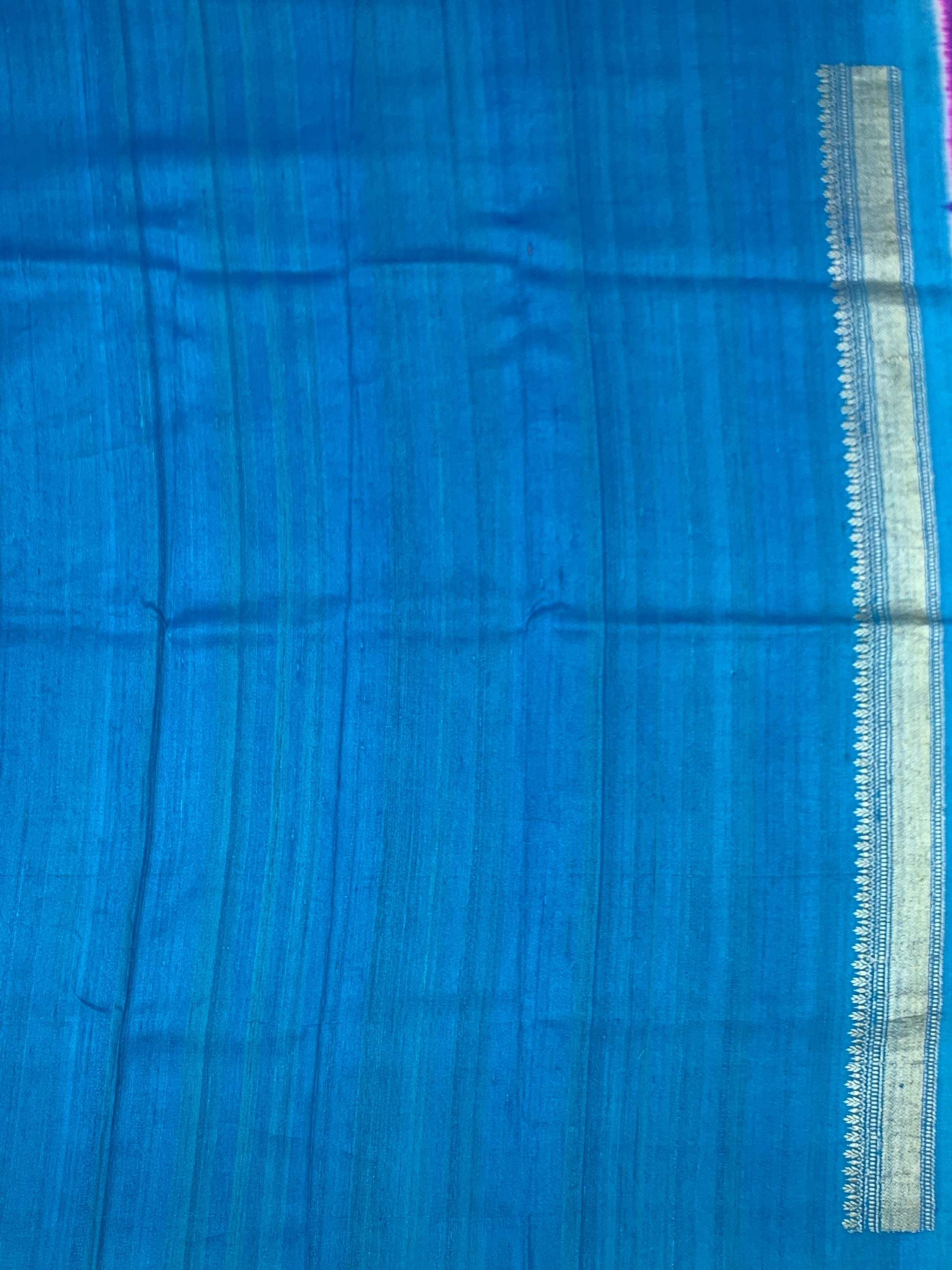 Royal Purple Tussore Georgette Saree with Floral Jaal & Contrast Peacock Blue Blouse
