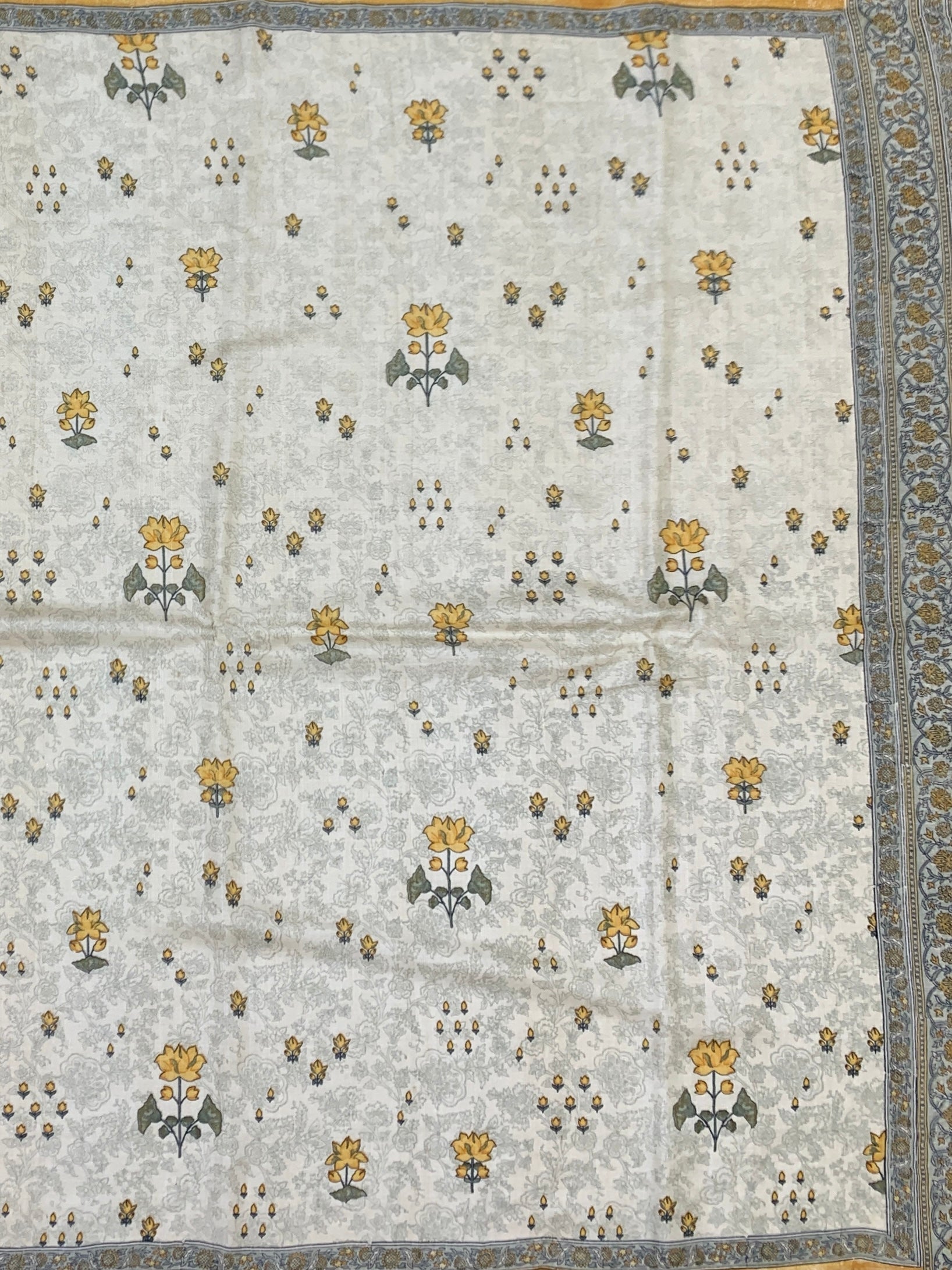 Detailed Hand-Printed Ivory Tussar Silk Saree with Mustard Yellow Rose Motifs