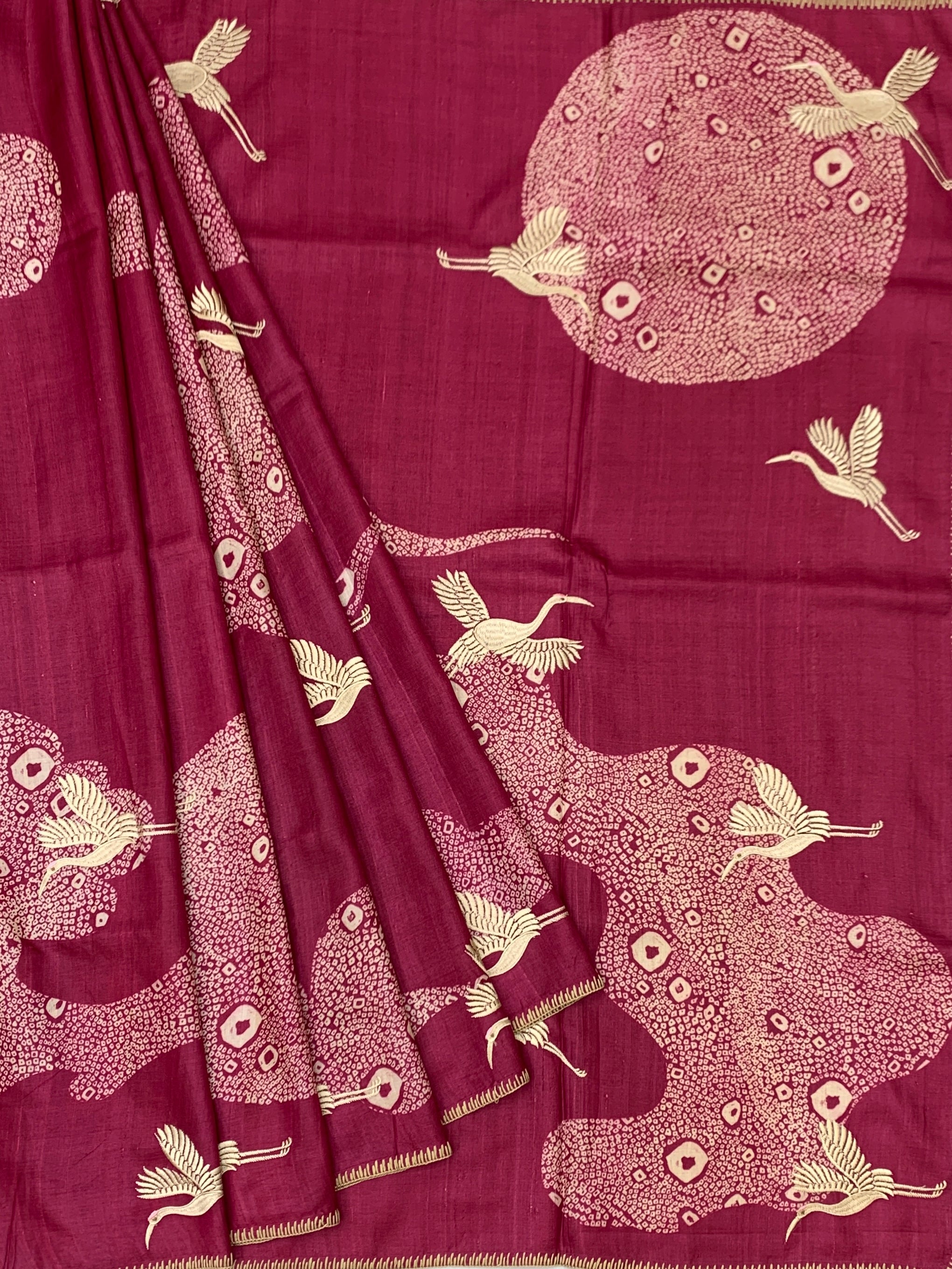 Majestic Cranes: Fuchsia Pink Shibori-Style Tussar Silk Saree