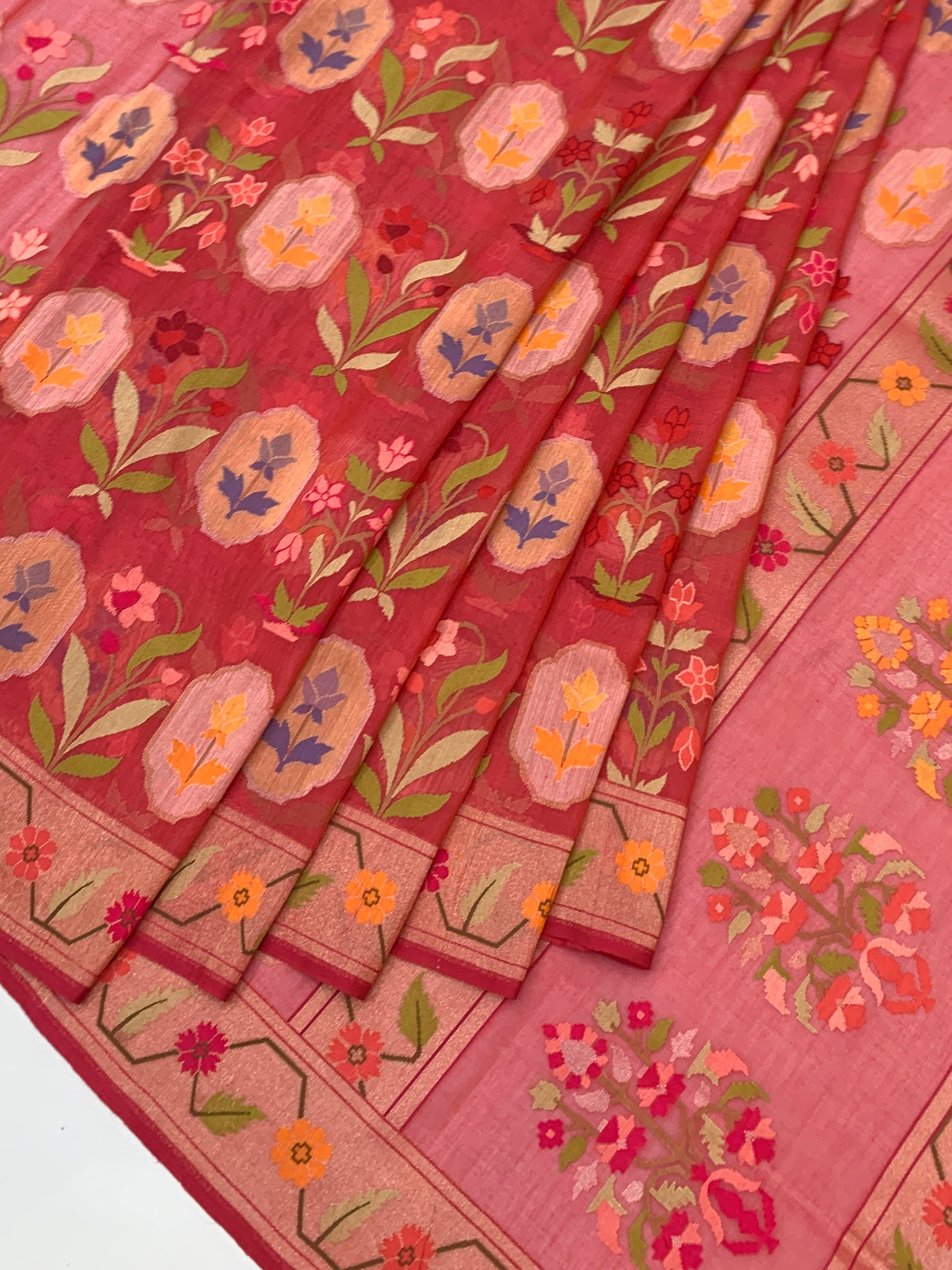 Vibrant Coral Pink Cotton Jamdani Saree with Mughal Floral Grids