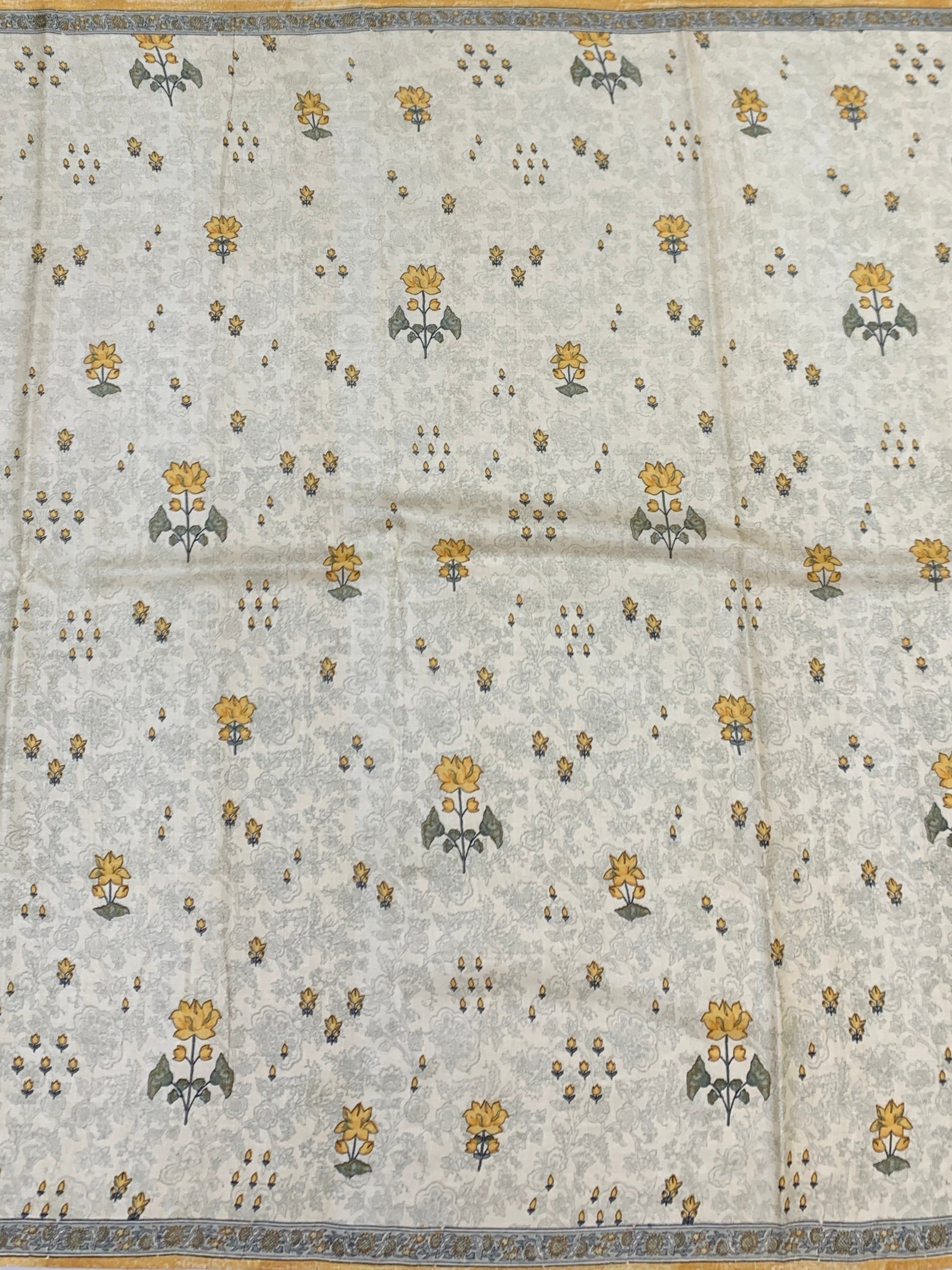Detailed Hand-Printed Ivory Tussar Silk Saree with Mustard Yellow Rose Motifs