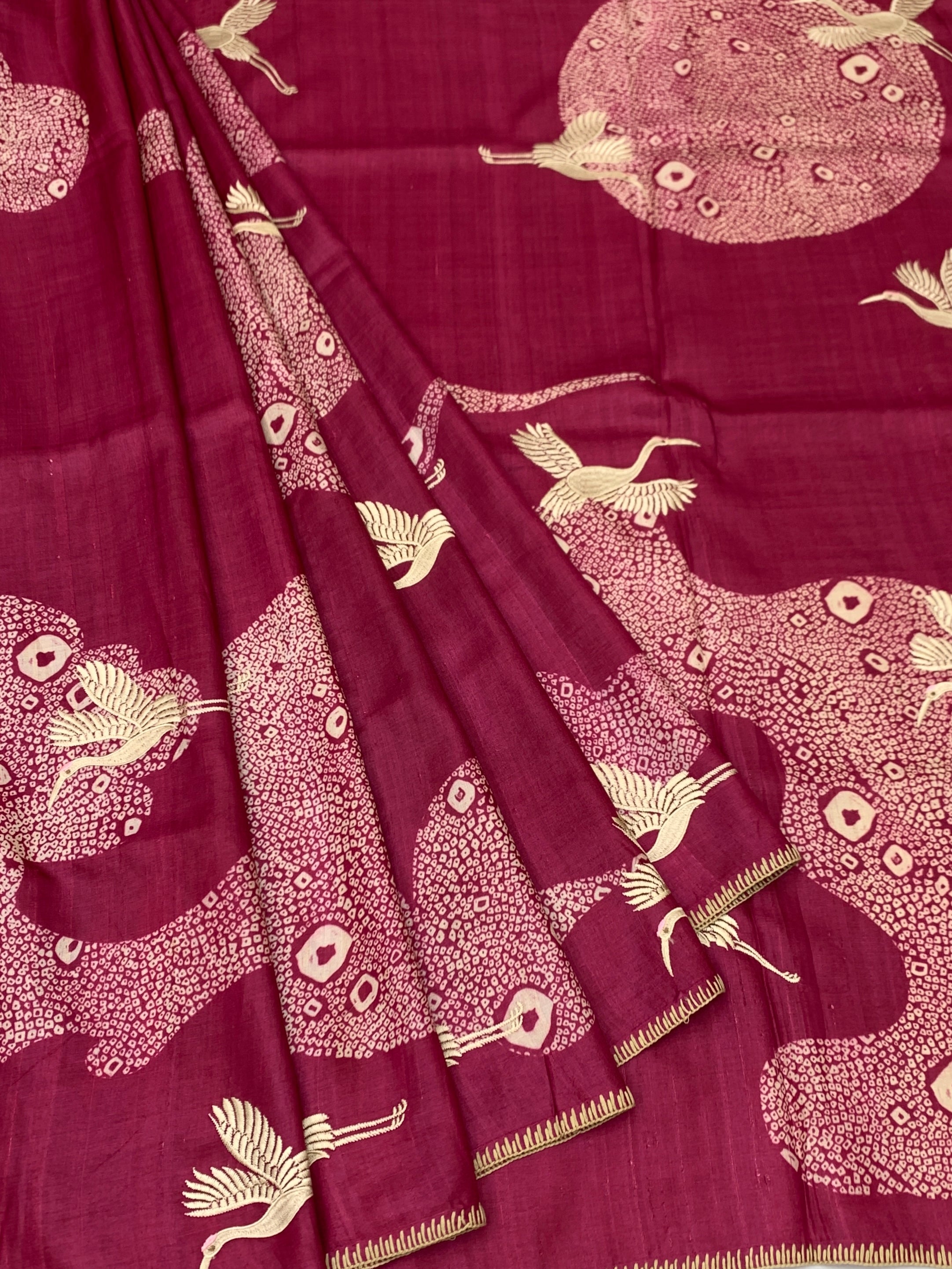 Majestic Cranes: Fuchsia Pink Shibori-Style Tussar Silk Saree