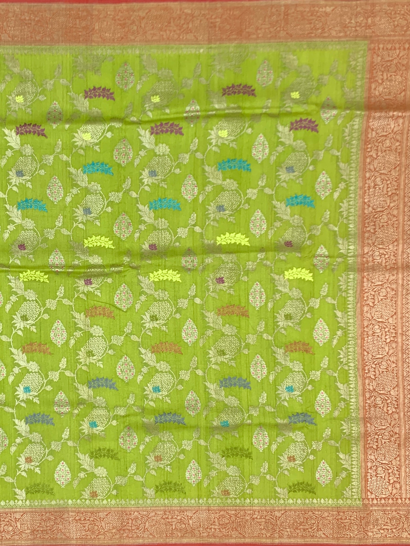Vibrant Lime Green Tussore Georgette Saree with Meenakari Florals and Coral Red Blouse