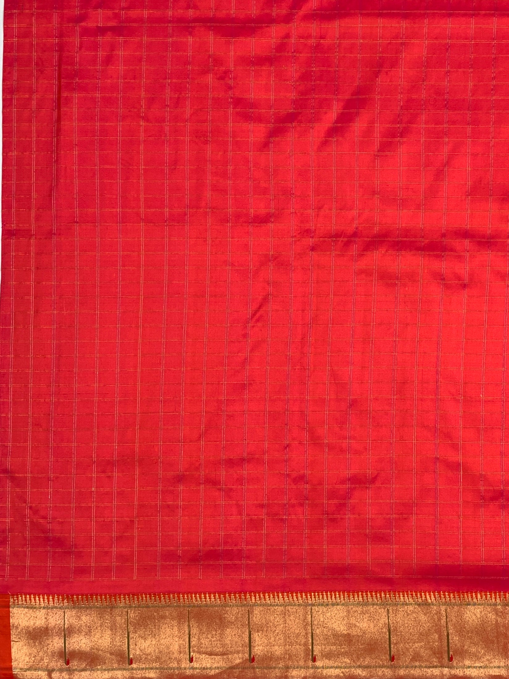 Regal Red Checked Paithani Silk Saree with Majestic Peacock Pallu