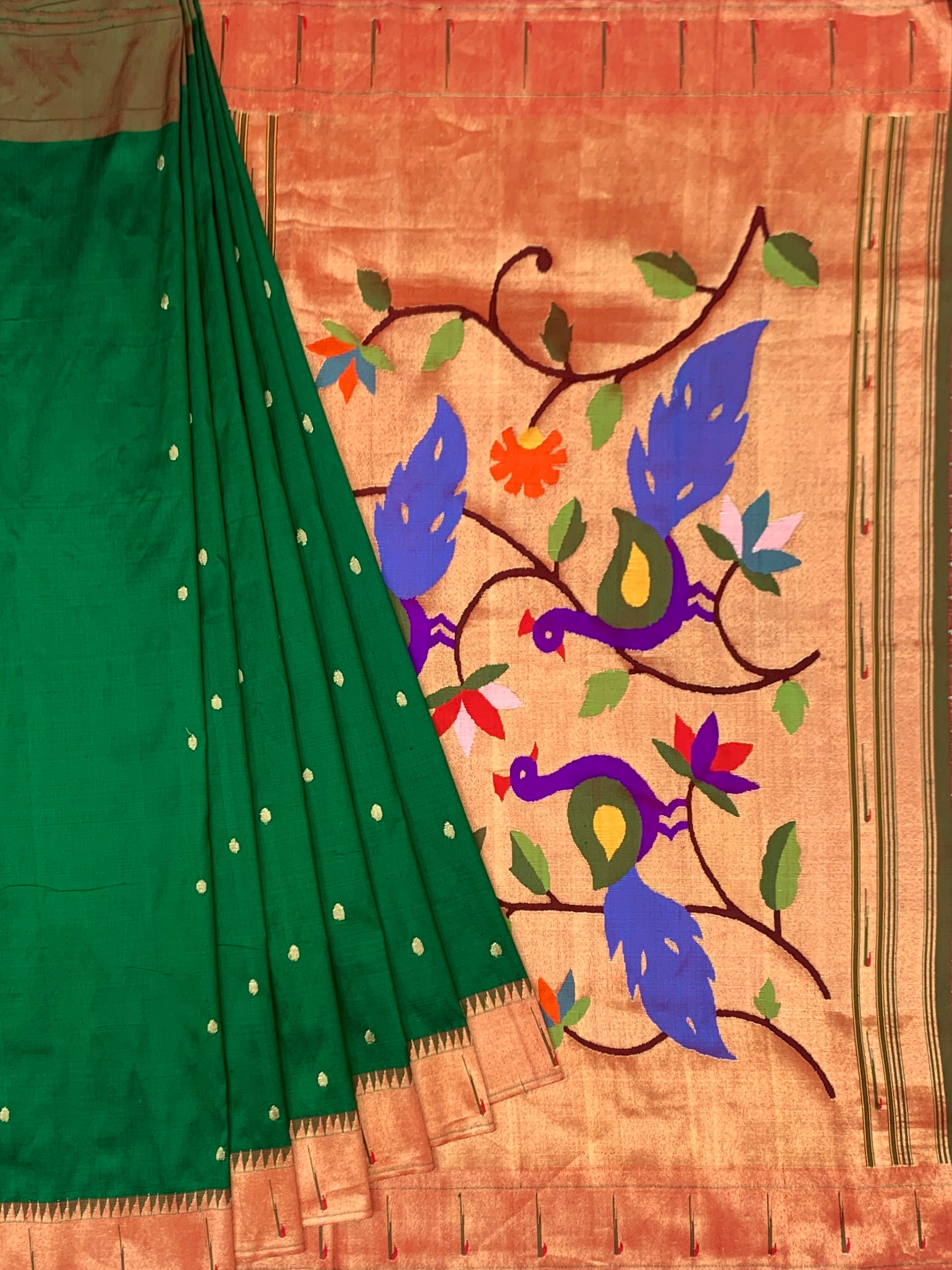 Emerald Green & Copper Tissue Paithani Silk Saree with Royal Peacock Pallu