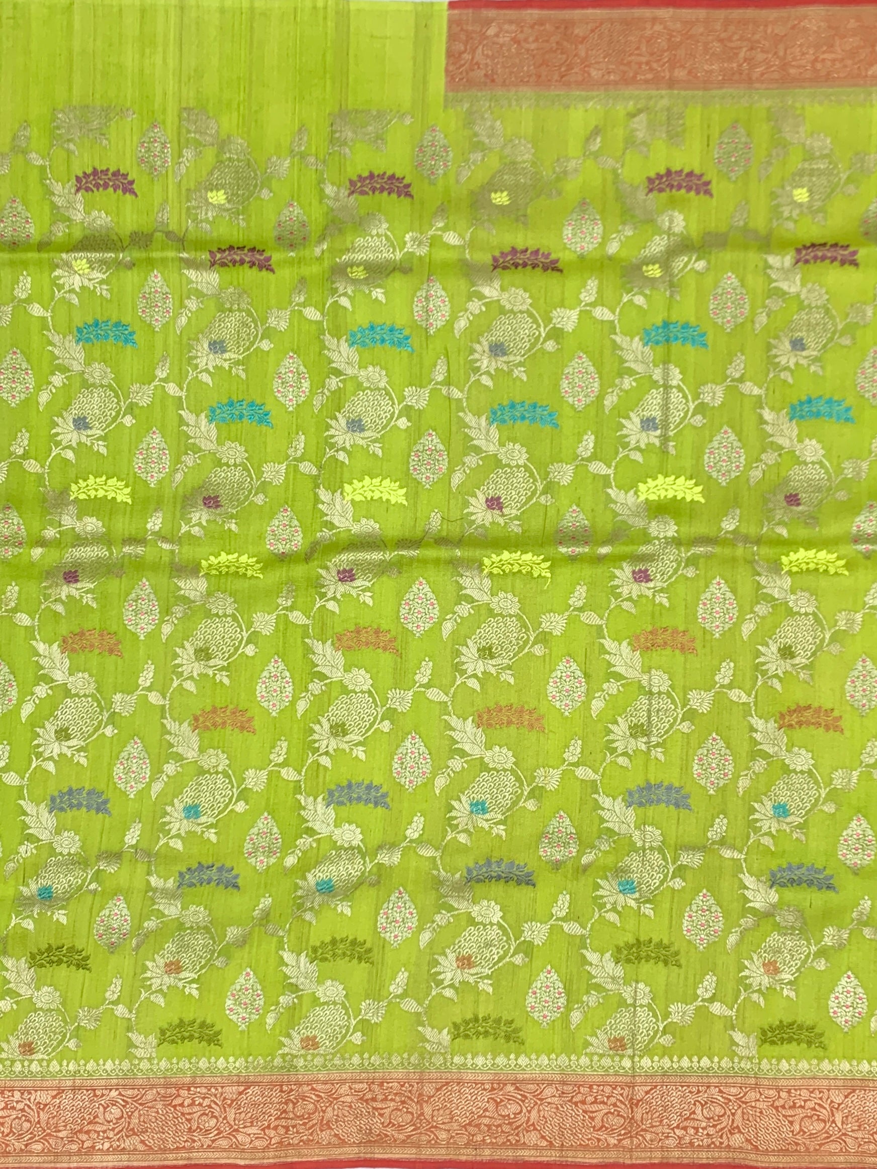 Vibrant Lime Green Tussore Georgette Saree with Meenakari Florals and Coral Red Blouse