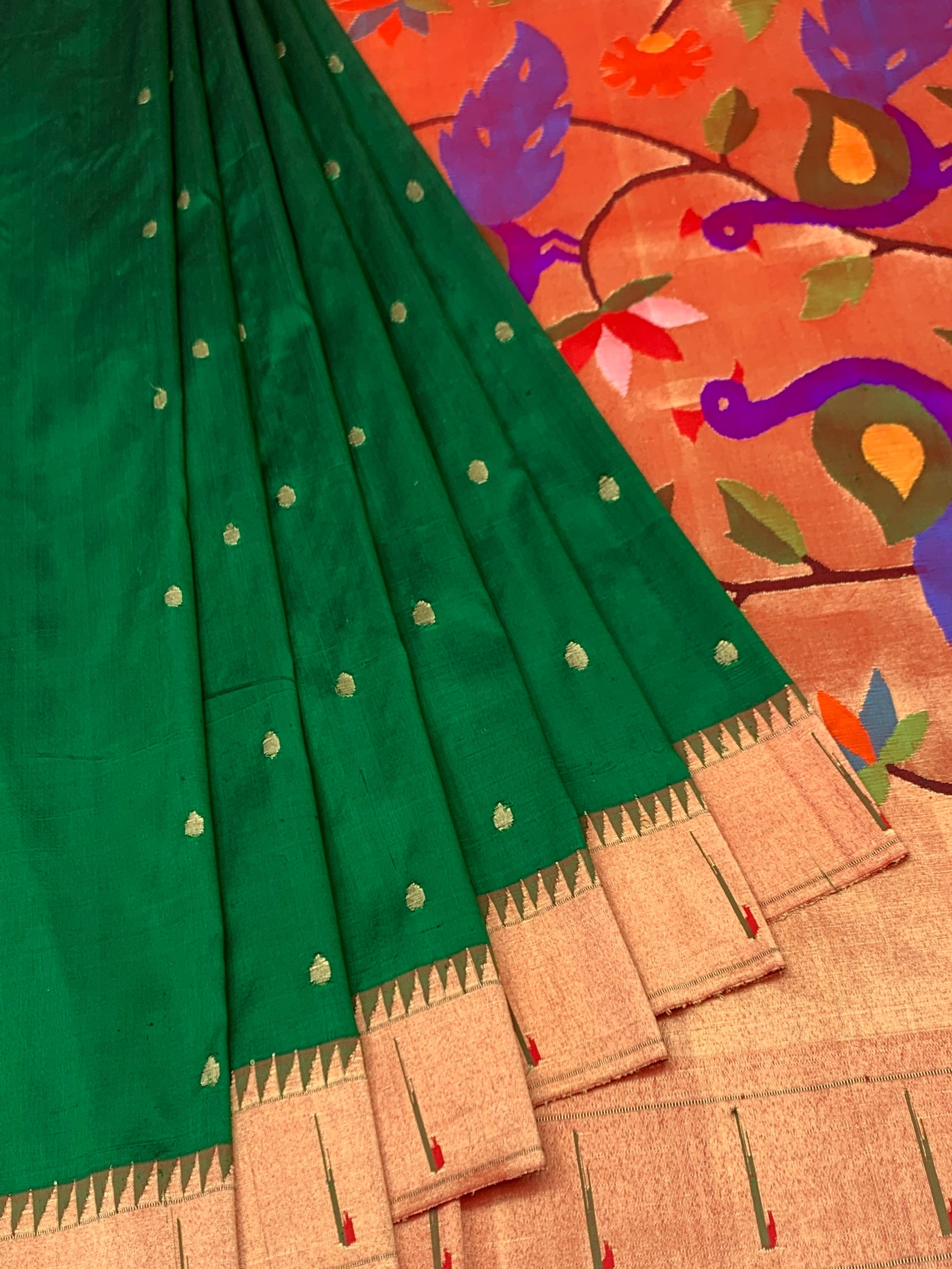 Emerald Green & Copper Tissue Paithani Silk Saree with Royal Peacock Pallu
