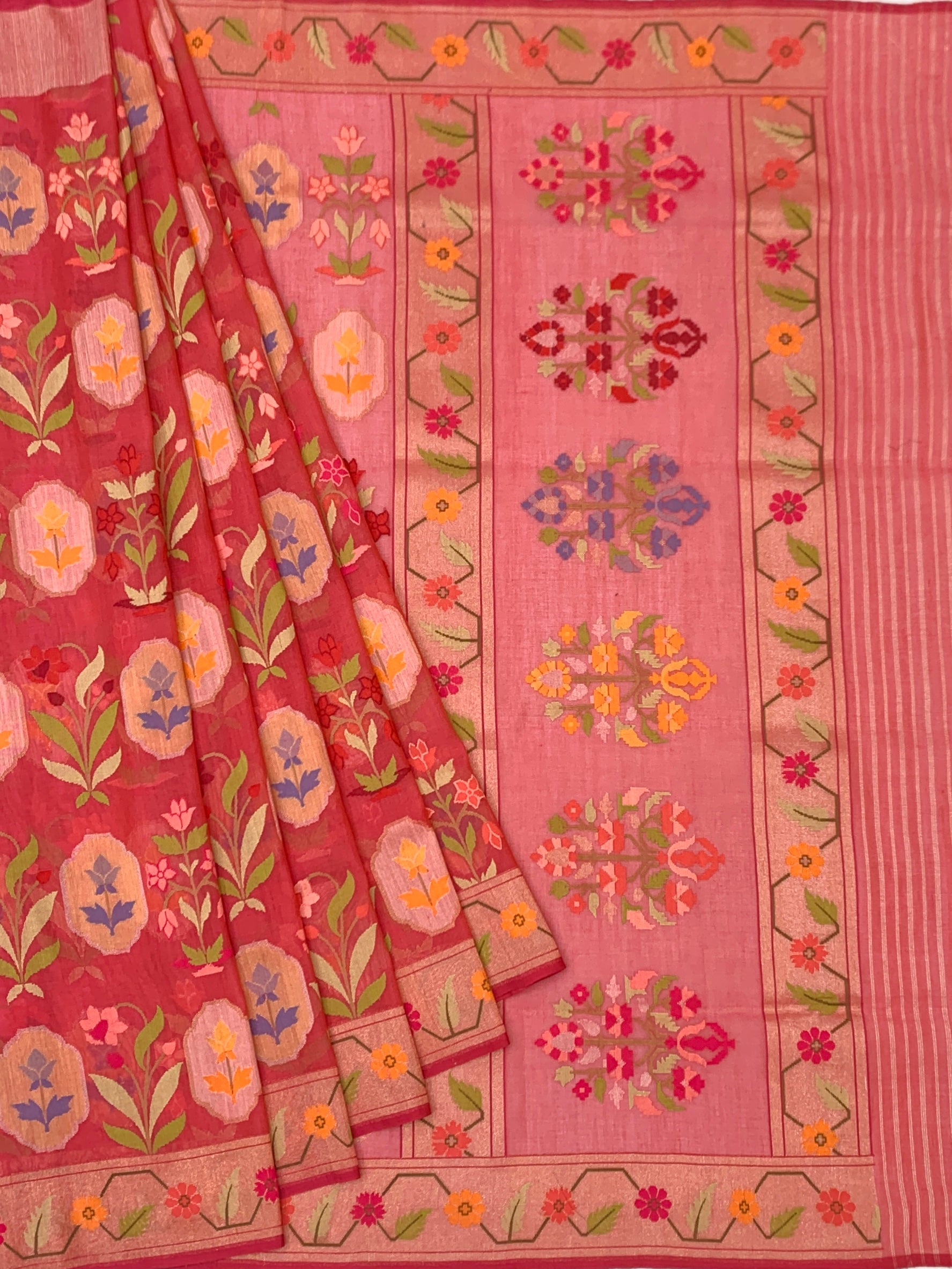 Vibrant Coral Pink Cotton Jamdani Saree with Mughal Floral Grids