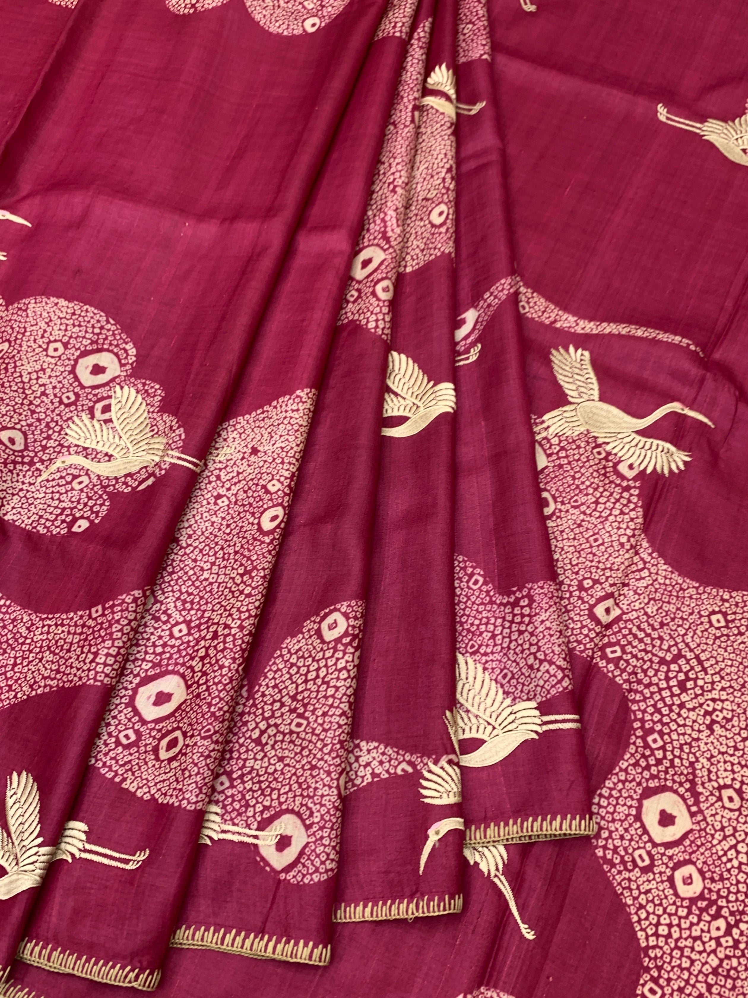 Majestic Cranes: Fuchsia Pink Shibori-Style Tussar Silk Saree