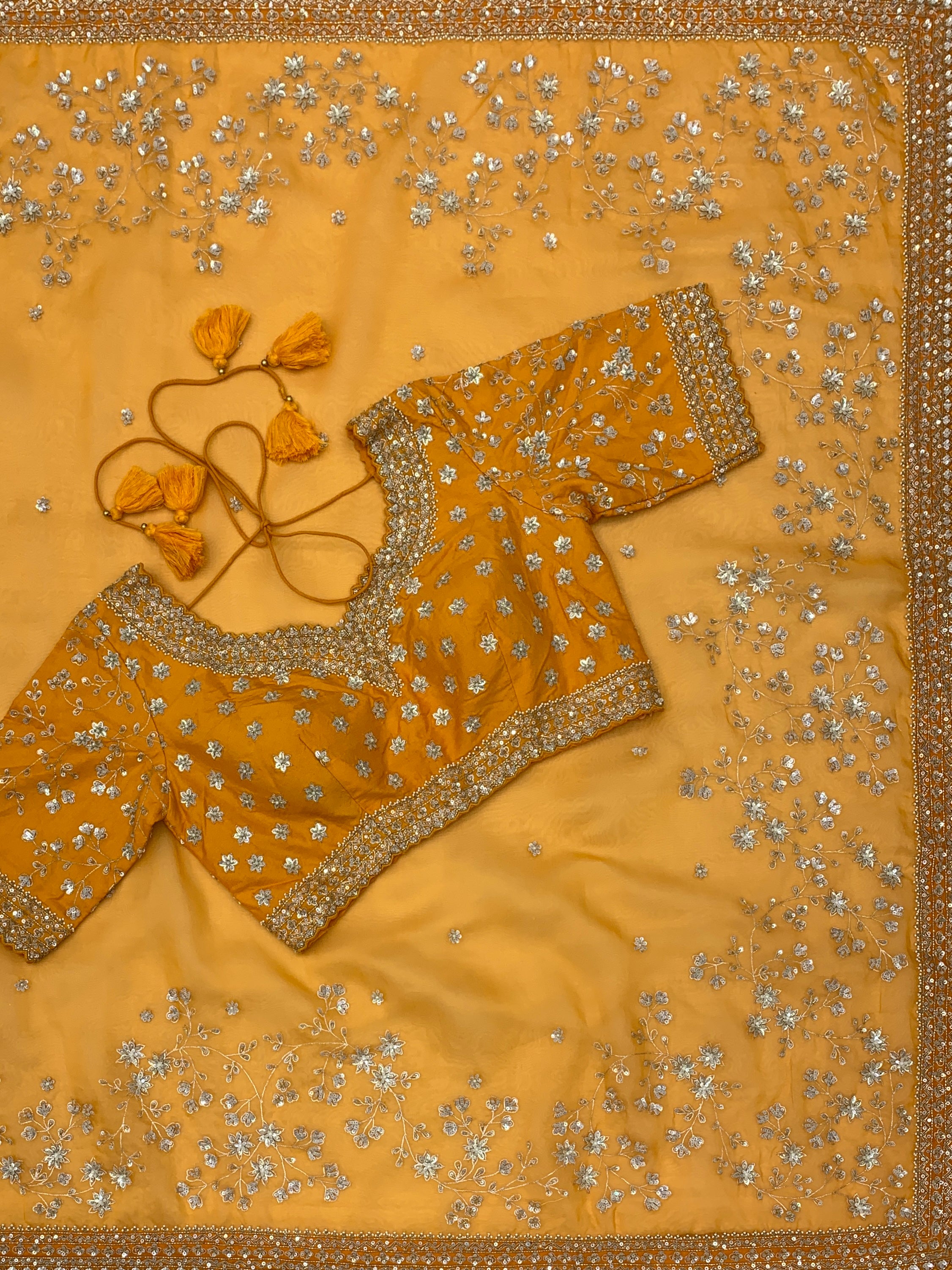 Orange Organza Saree With Readymade Blouse