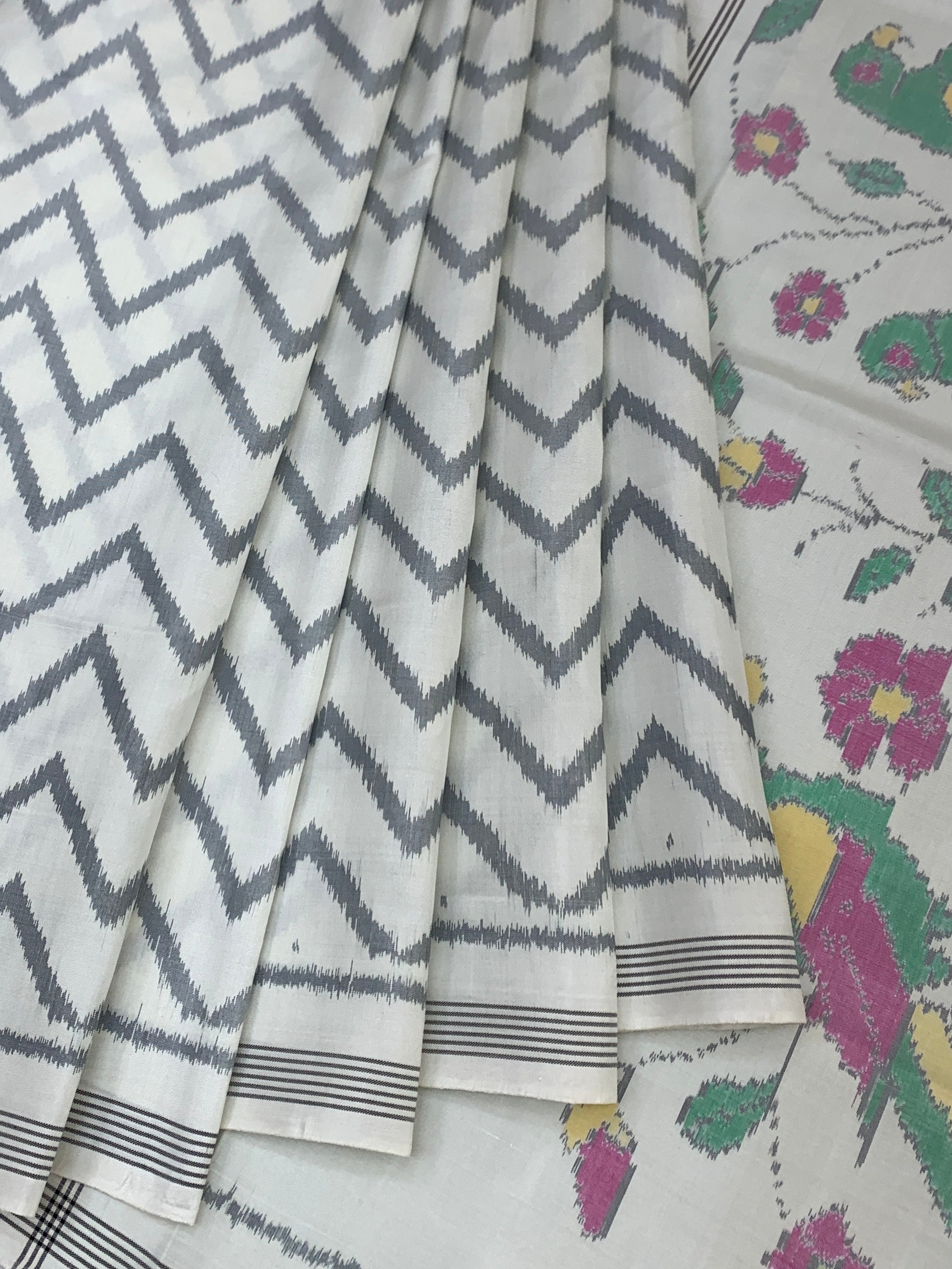 Ivory Chevron Ikat Patola Saree with Scenic Popat Pallu