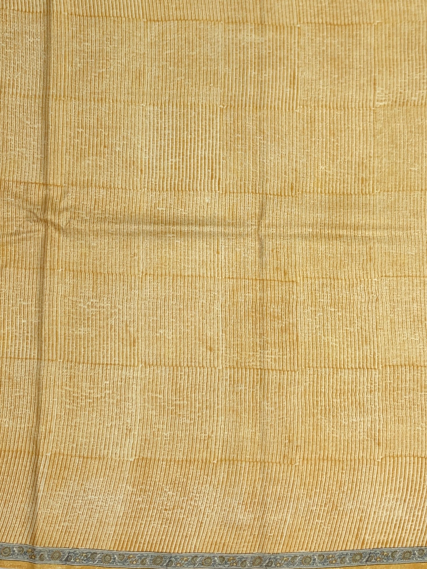 Detailed Hand-Printed Ivory Tussar Silk Saree with Mustard Yellow Rose Motifs