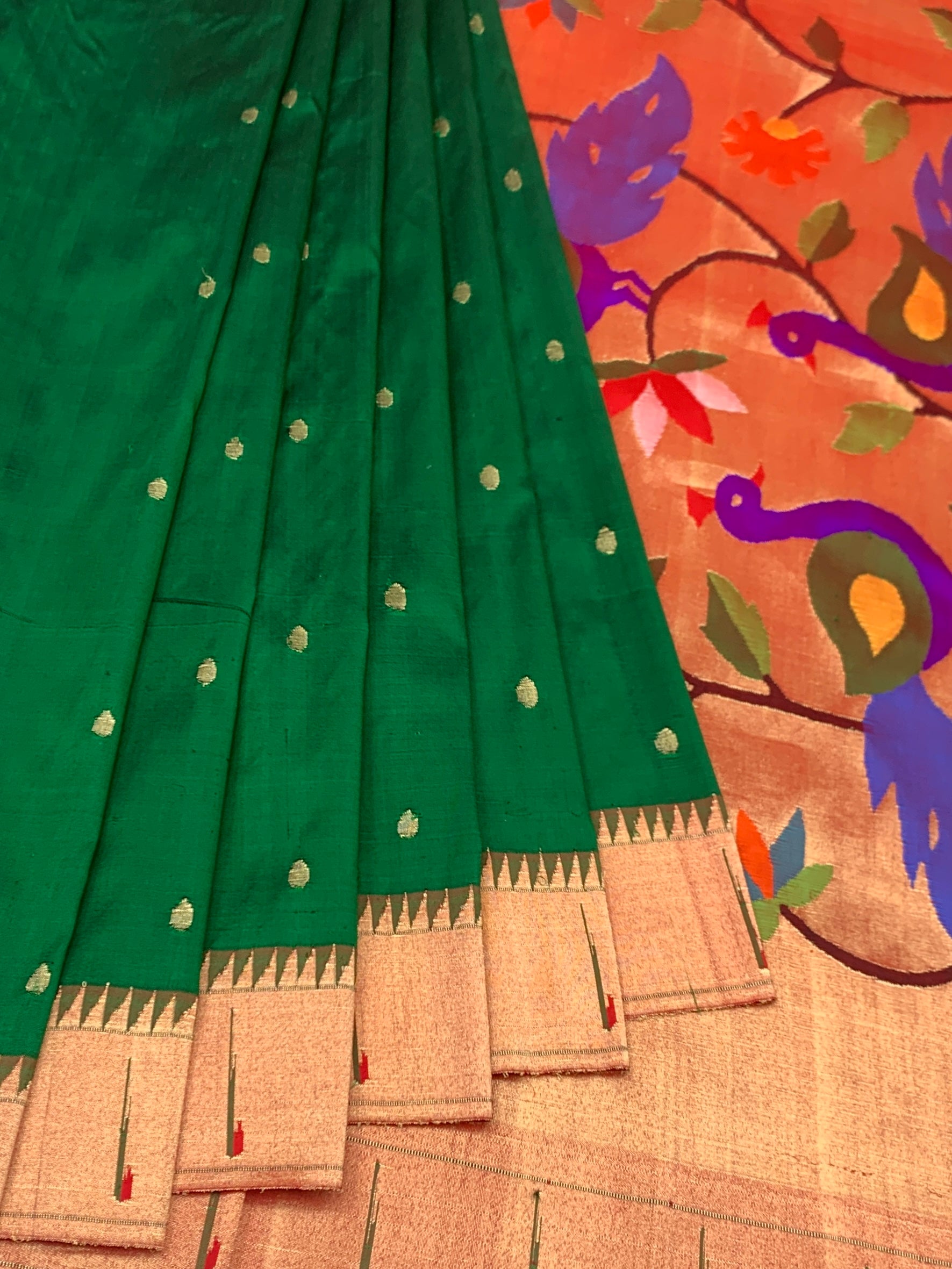 Emerald Green & Copper Tissue Paithani Silk Saree with Royal Peacock Pallu