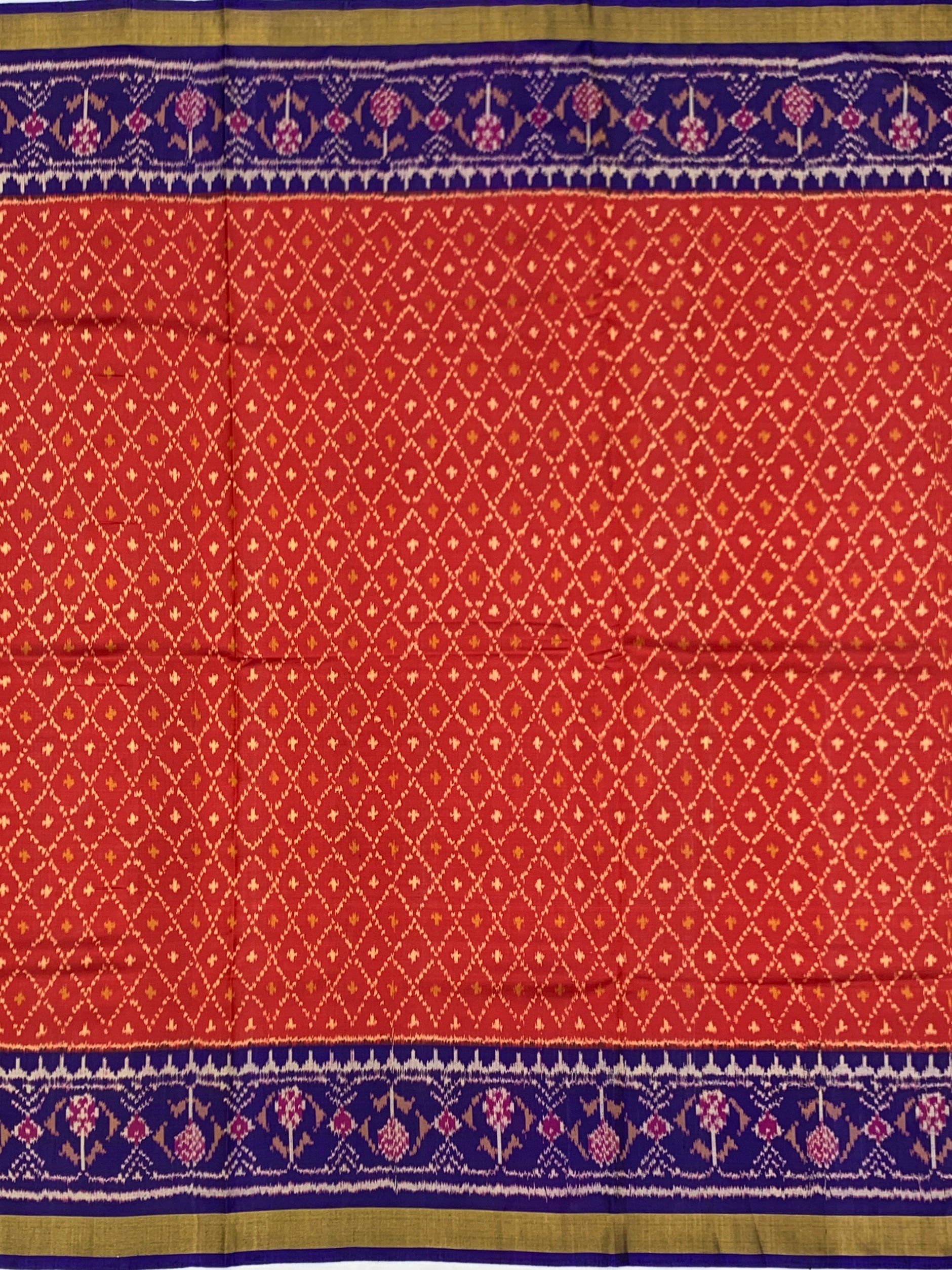 Vermilion Red & Royal Blue: Geometric Lattice Rajkot Patola Silk Saree