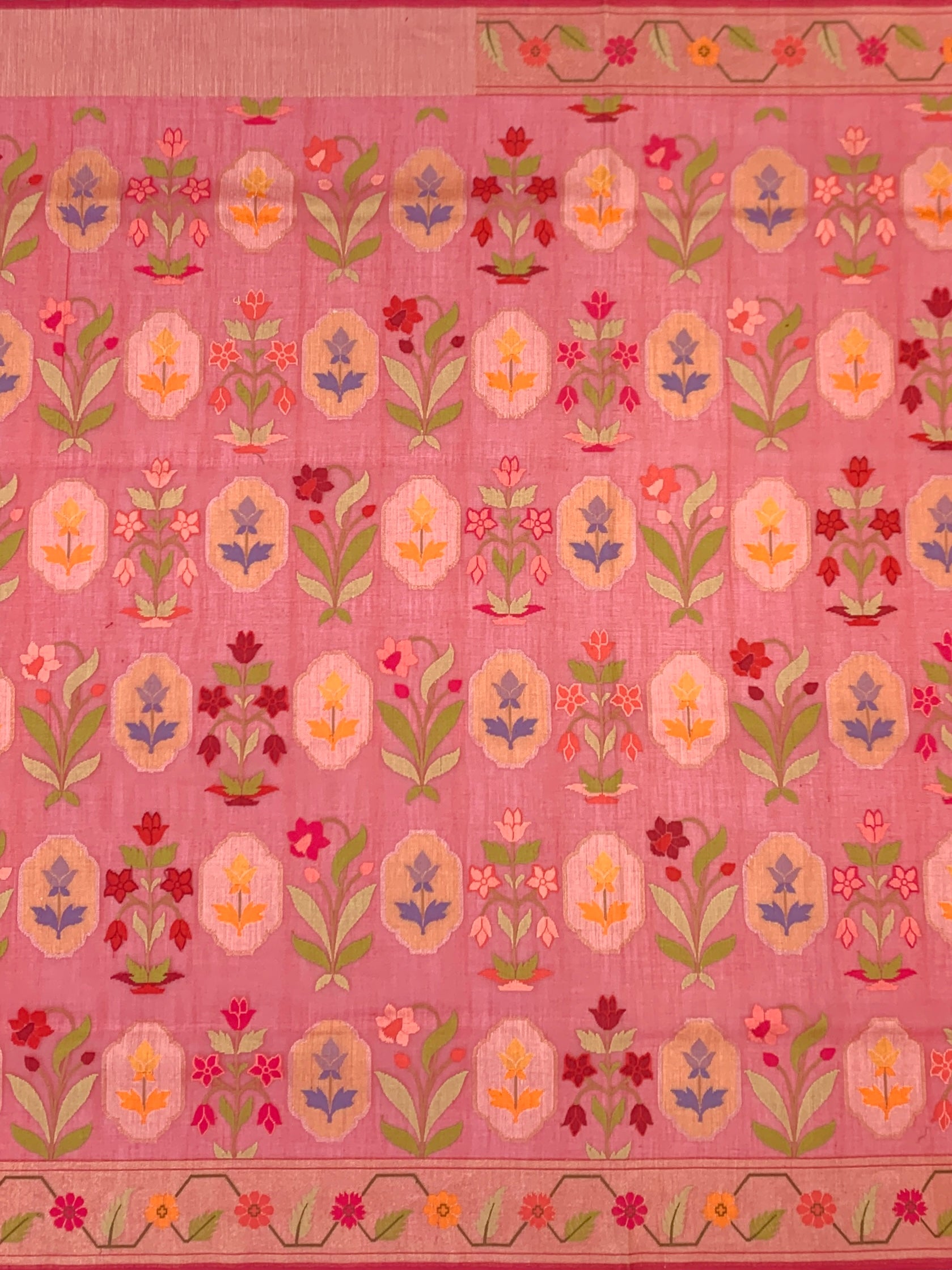 Vibrant Coral Pink Cotton Jamdani Saree with Mughal Floral Grids