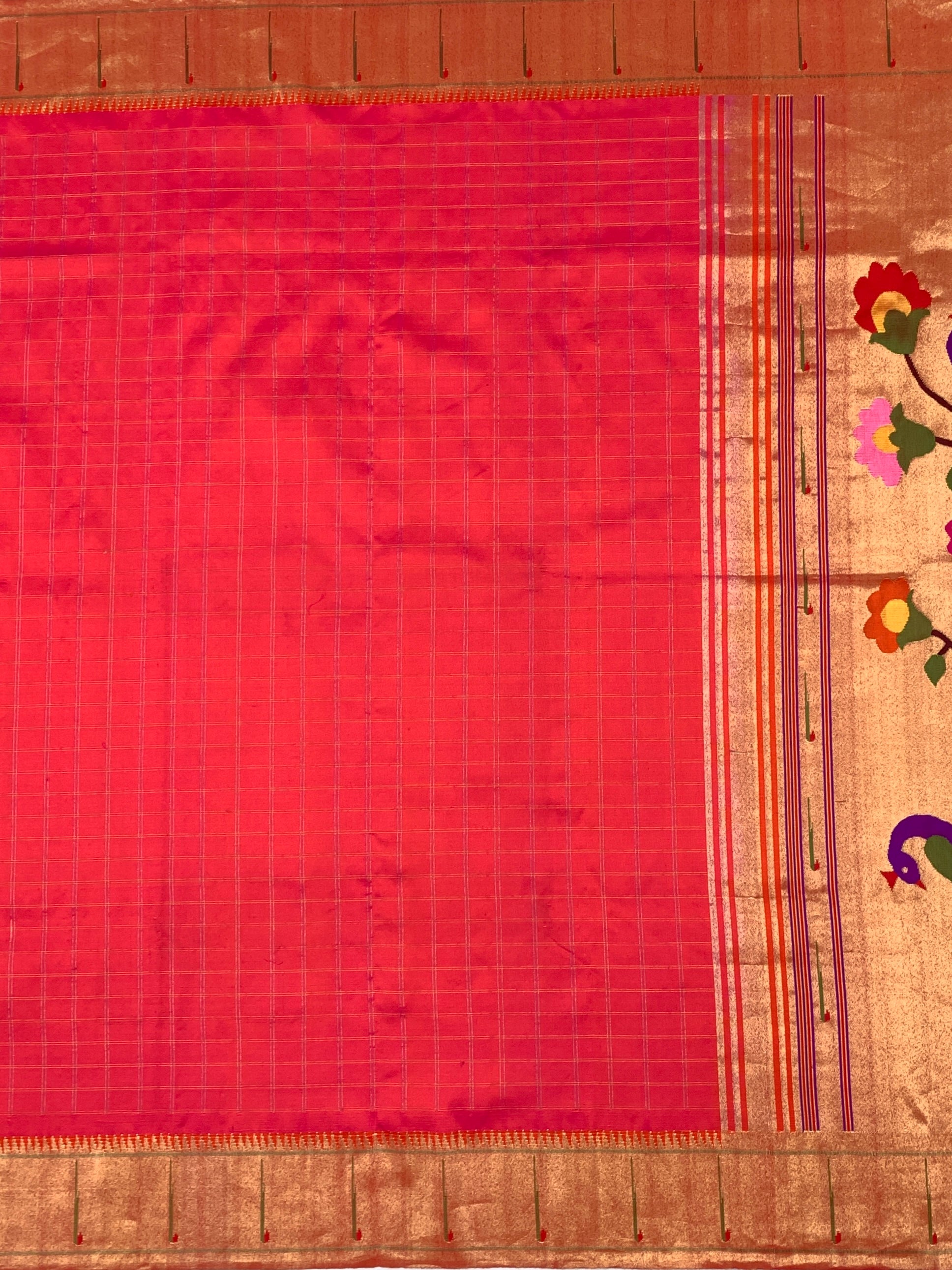 Regal Red Checked Paithani Silk Saree with Majestic Peacock Pallu