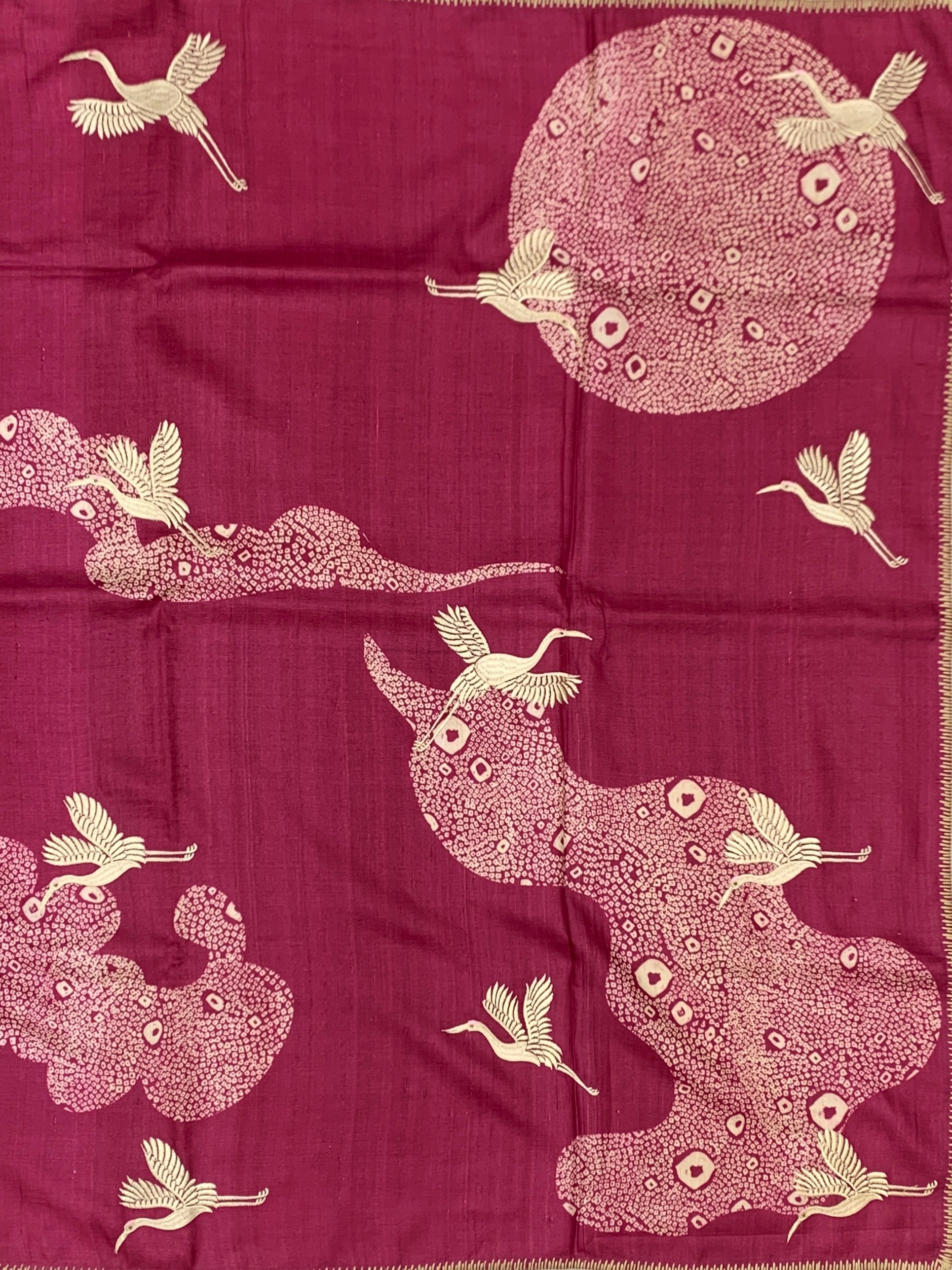 Majestic Cranes: Fuchsia Pink Shibori-Style Tussar Silk Saree
