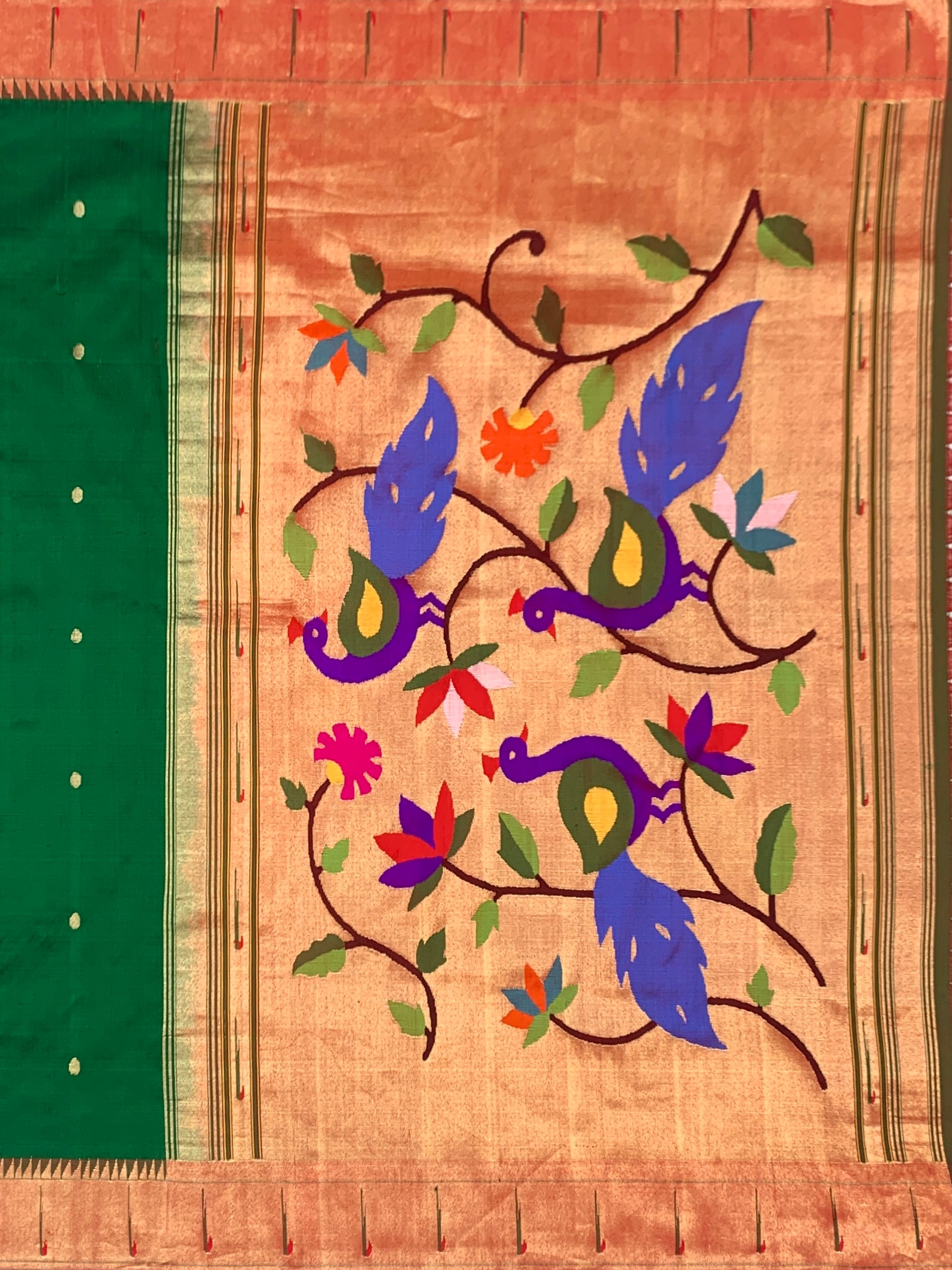 Emerald Green & Copper Tissue Paithani Silk Saree with Royal Peacock Pallu