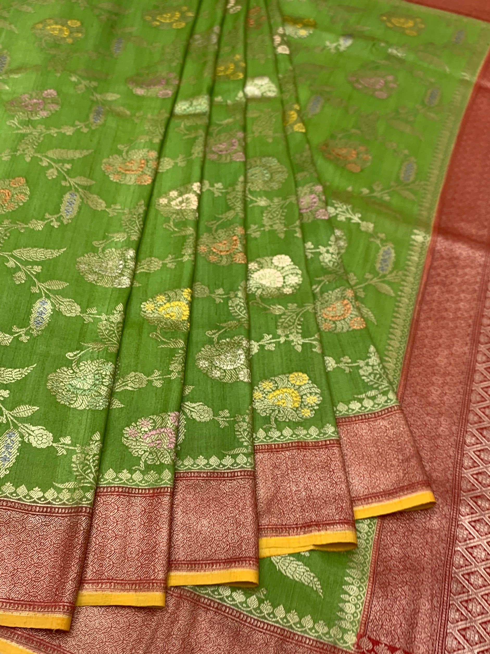 Leaf Green Tussore Georgette Saree with Floral Jaal & Mustard Yellow Blouse