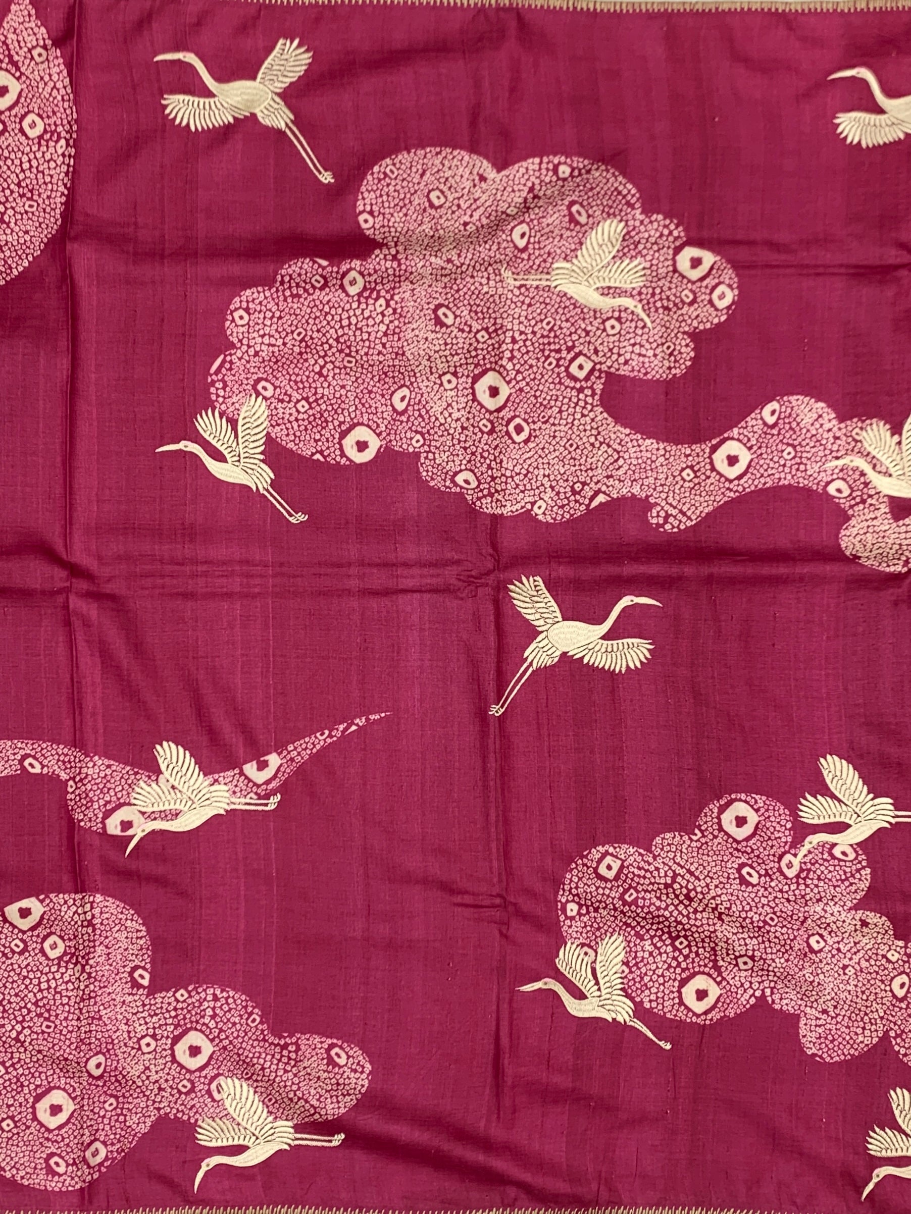 Majestic Cranes: Fuchsia Pink Shibori-Style Tussar Silk Saree