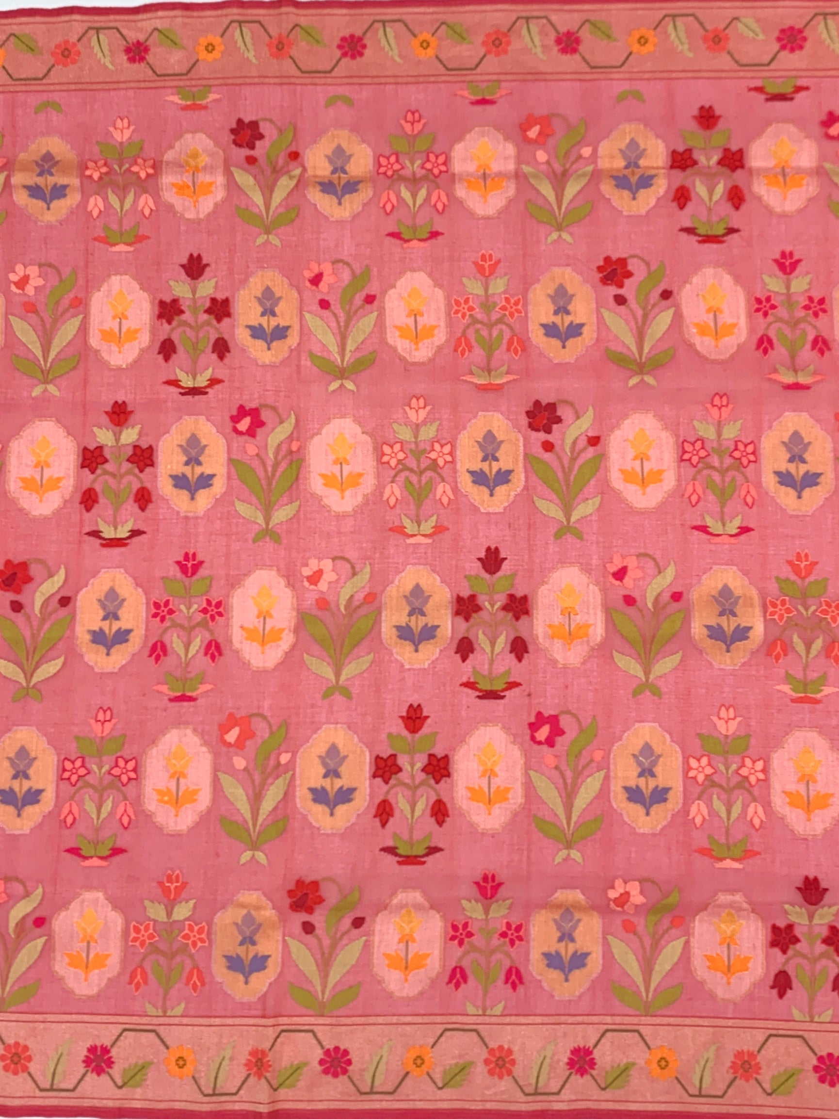 Vibrant Coral Pink Cotton Jamdani Saree with Mughal Floral Grids