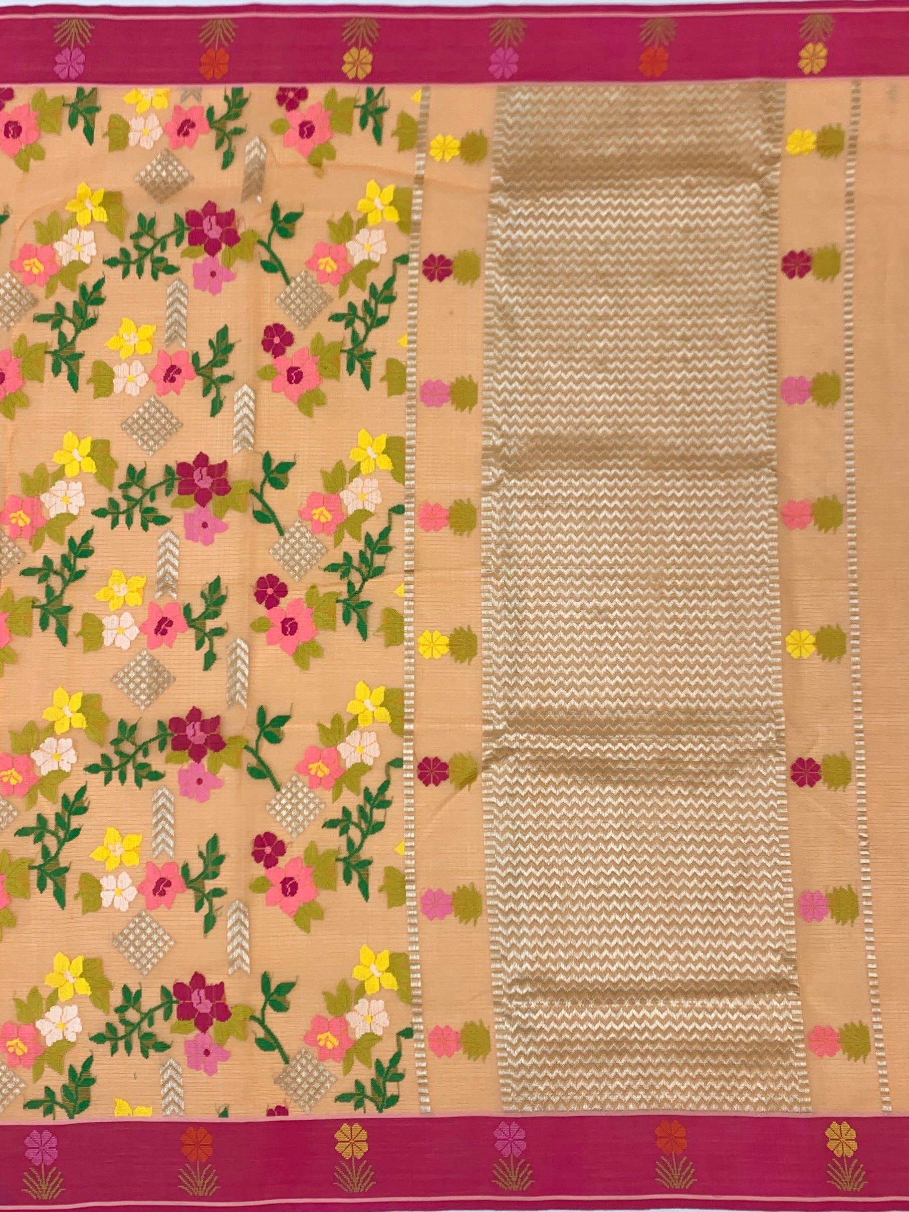 Floral Zari Kota Saree with Contrast Rani Pink Blouse