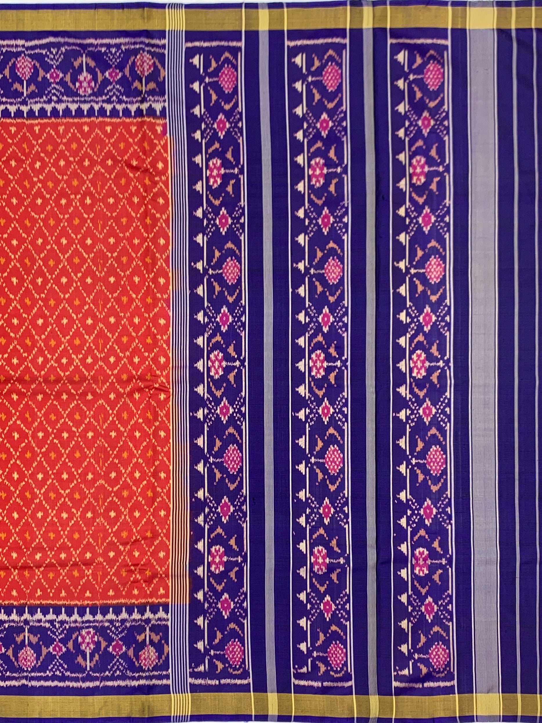 Vermilion Red & Royal Blue: Geometric Lattice Rajkot Patola Silk Saree