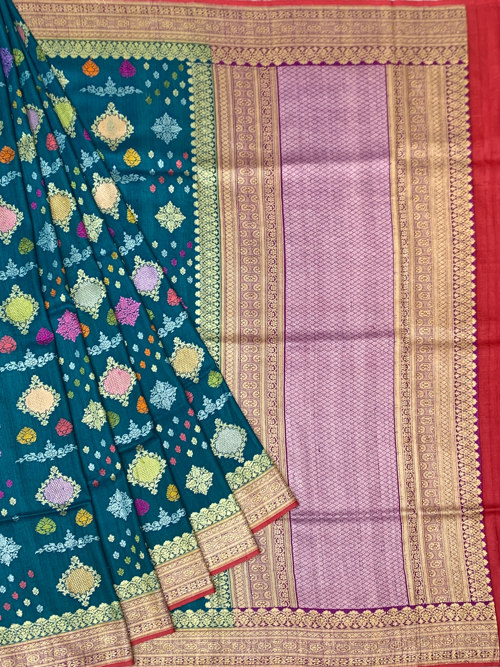 Regal Peacock Teal Tussore Georgette Saree with Lilac Pallu and Crimson Blouse