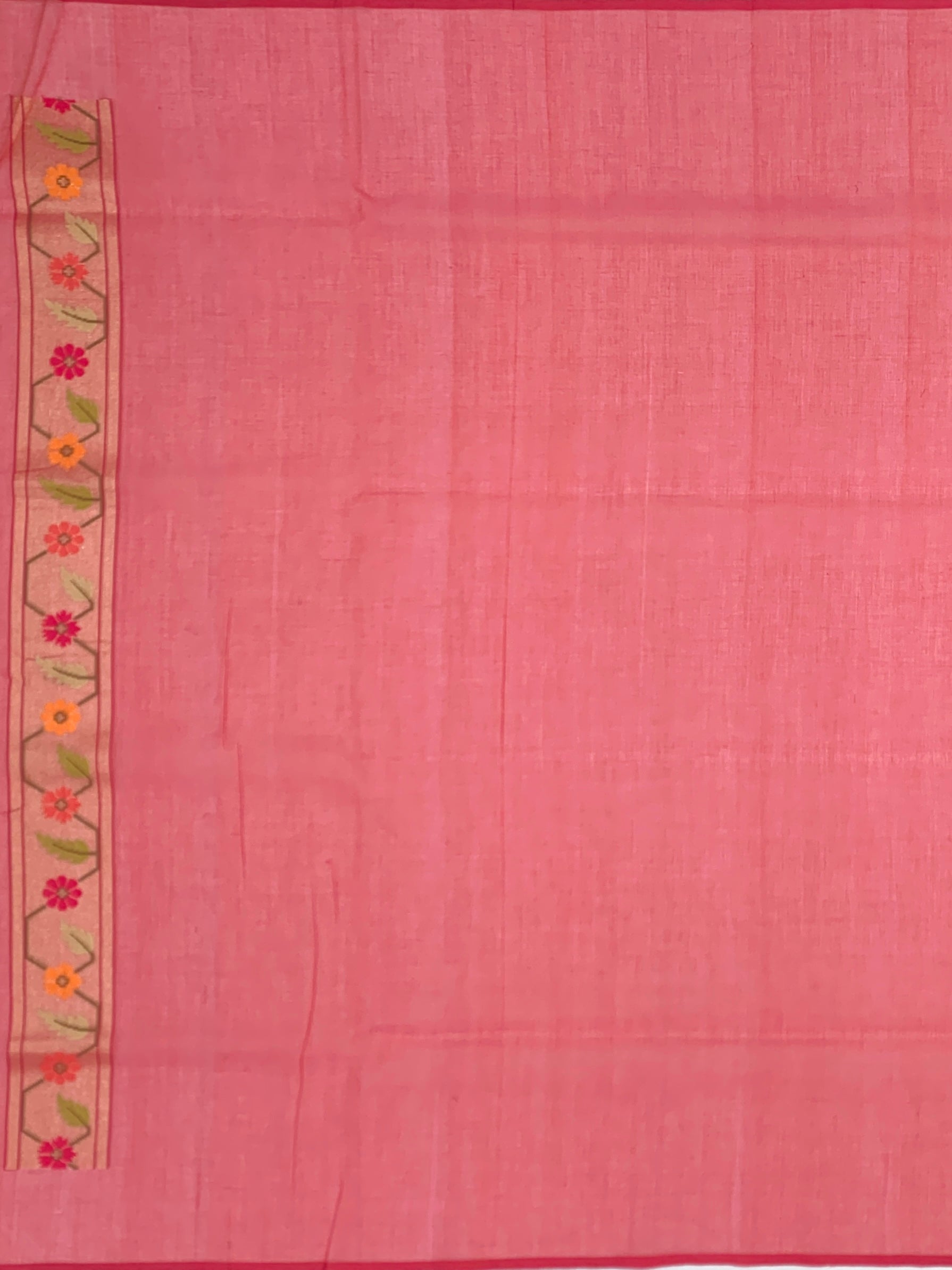 Vibrant Coral Pink Cotton Jamdani Saree with Mughal Floral Grids
