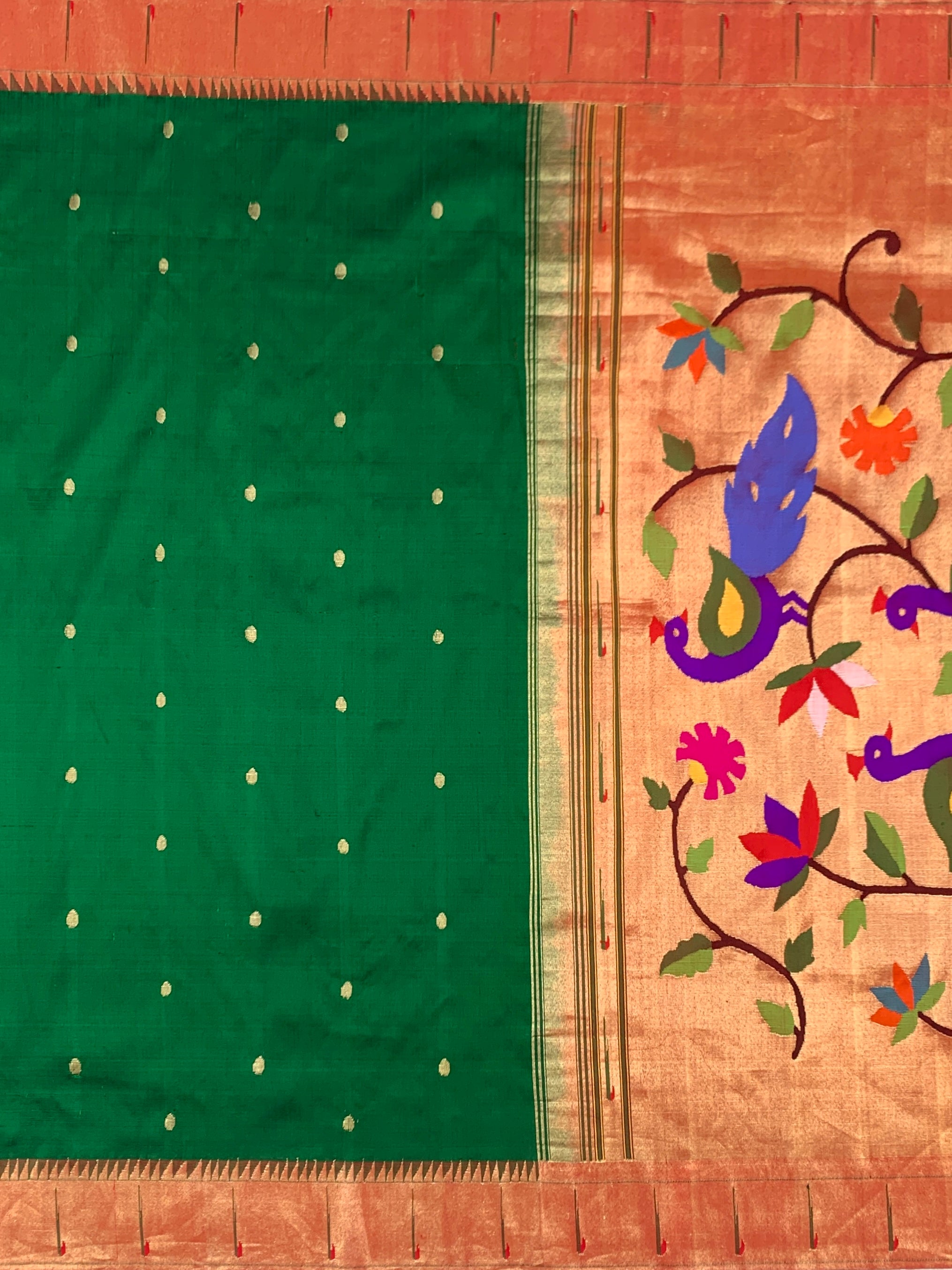 Emerald Green & Copper Tissue Paithani Silk Saree with Royal Peacock Pallu
