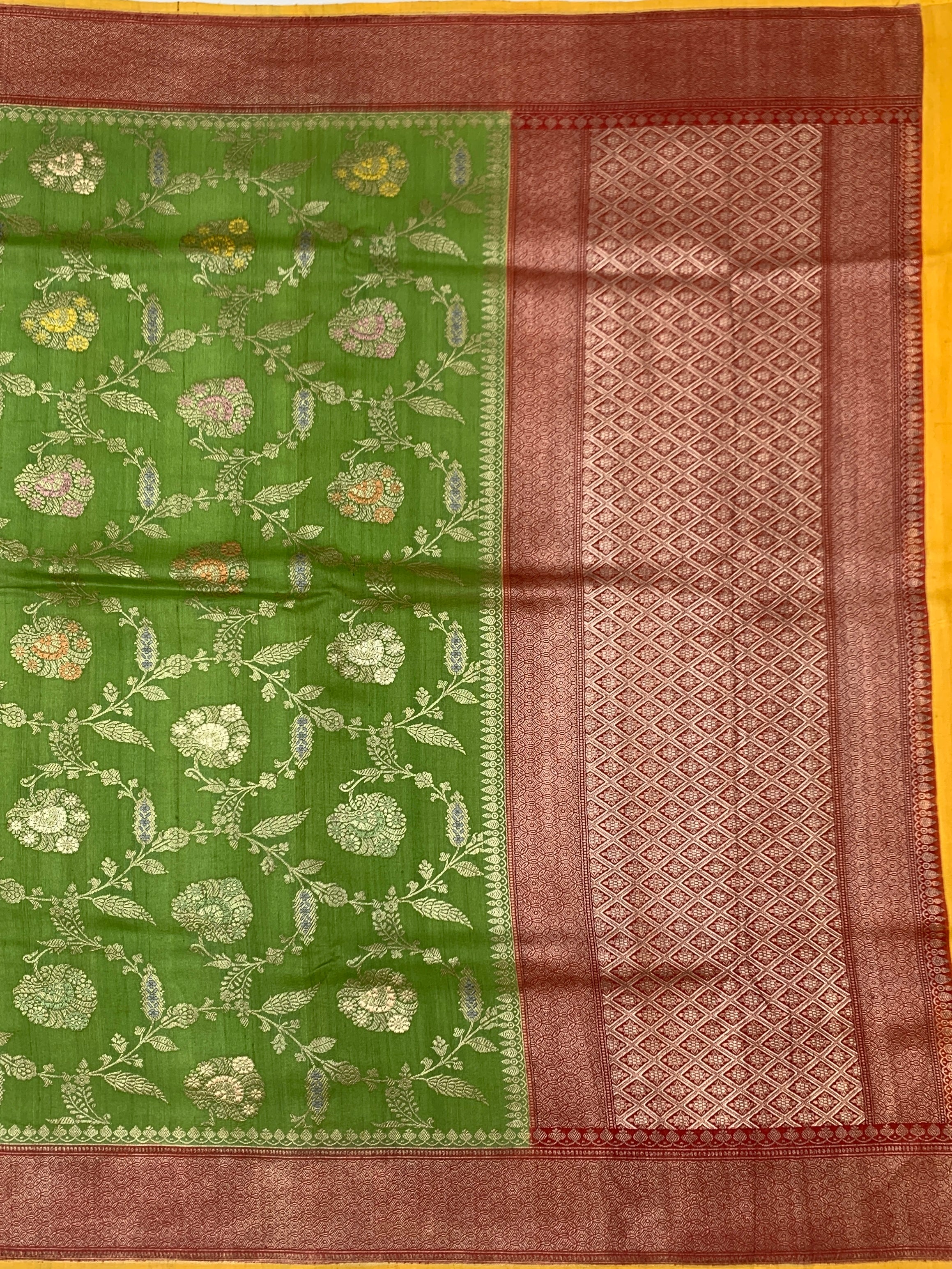 Leaf Green Tussore Georgette Saree with Floral Jaal & Mustard Yellow Blouse