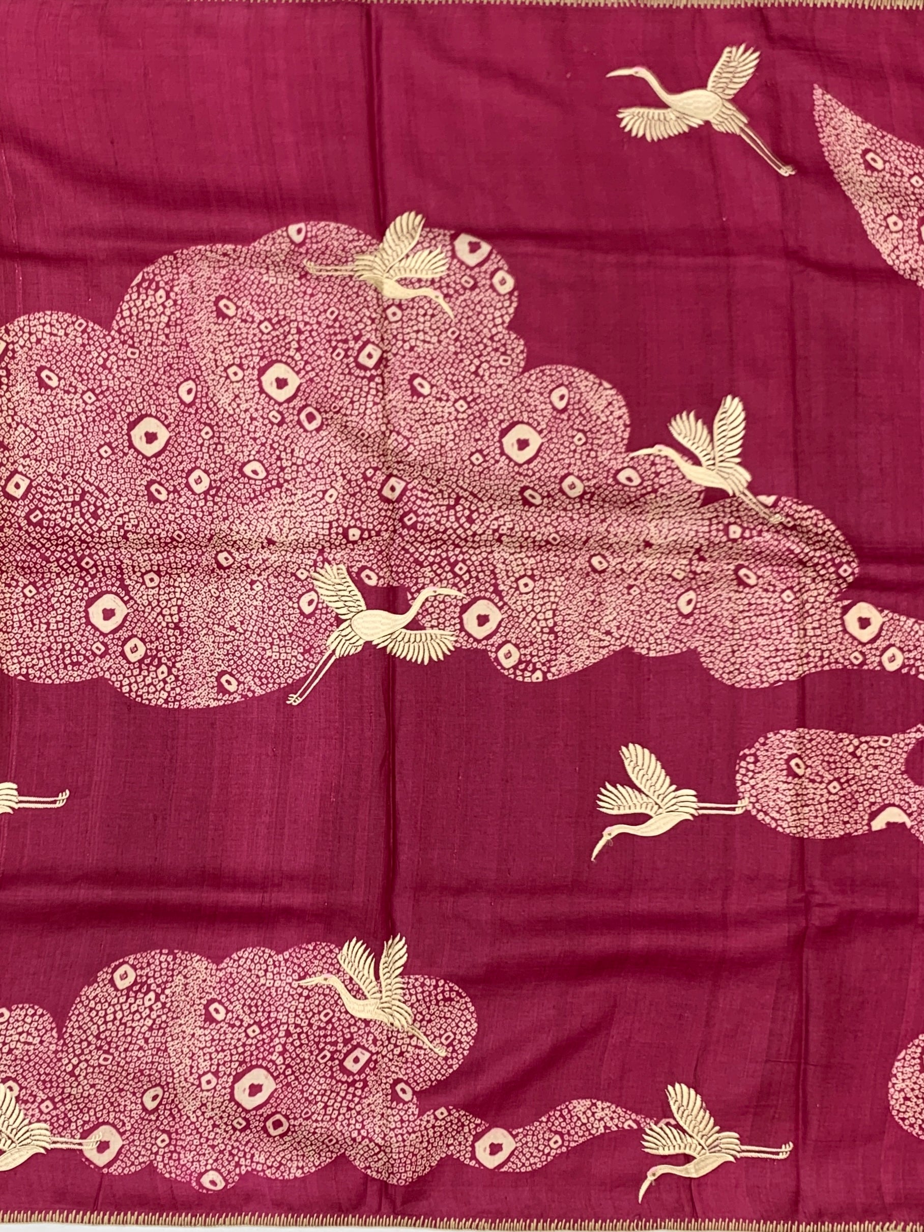 Majestic Cranes: Fuchsia Pink Shibori-Style Tussar Silk Saree