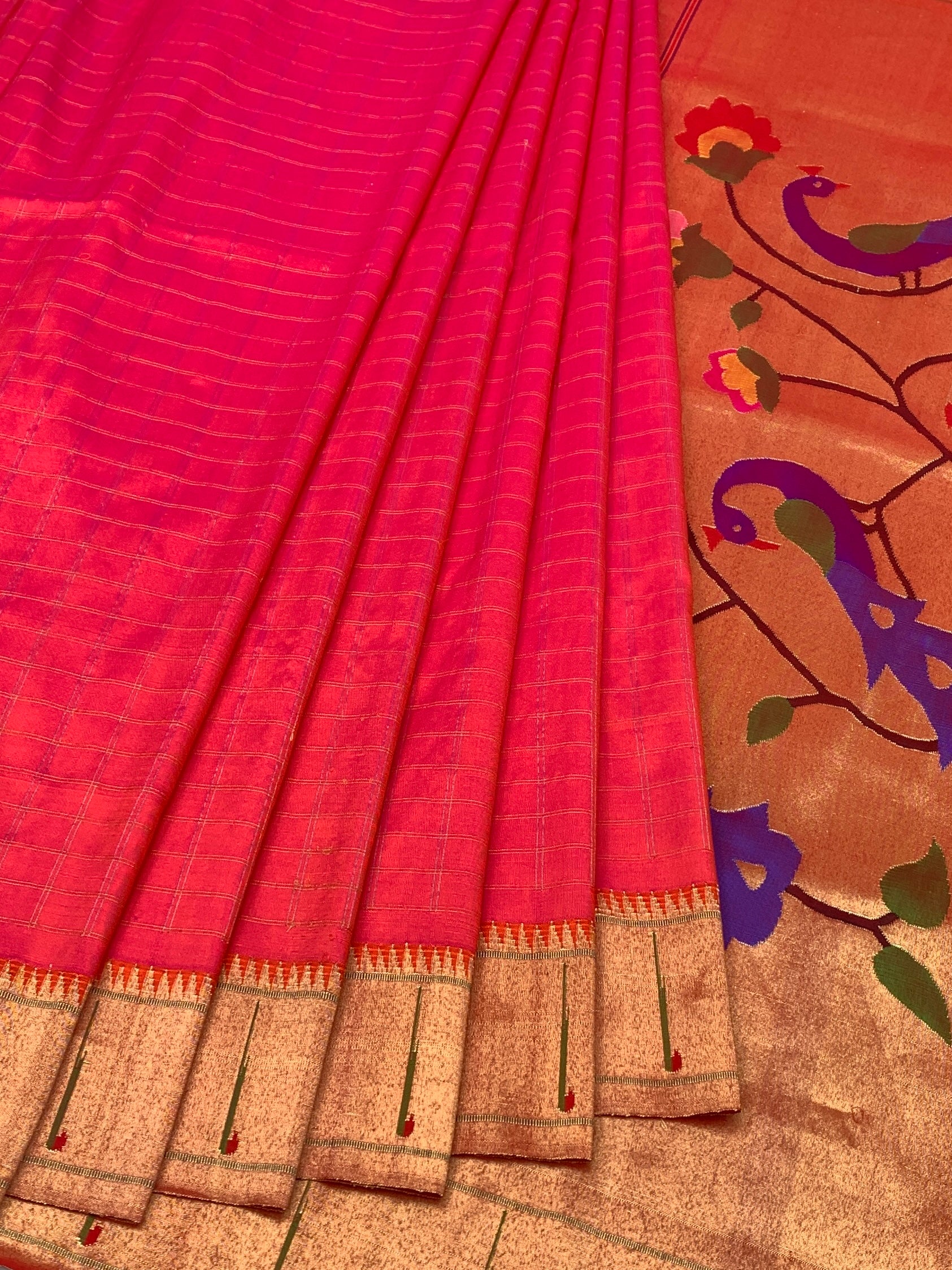 Regal Red Checked Paithani Silk Saree with Majestic Peacock Pallu