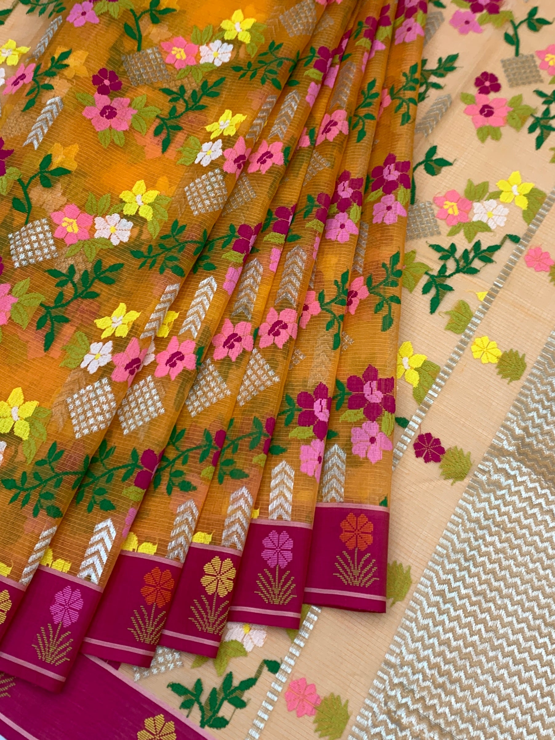 Floral Zari Kota Saree with Contrast Rani Pink Blouse