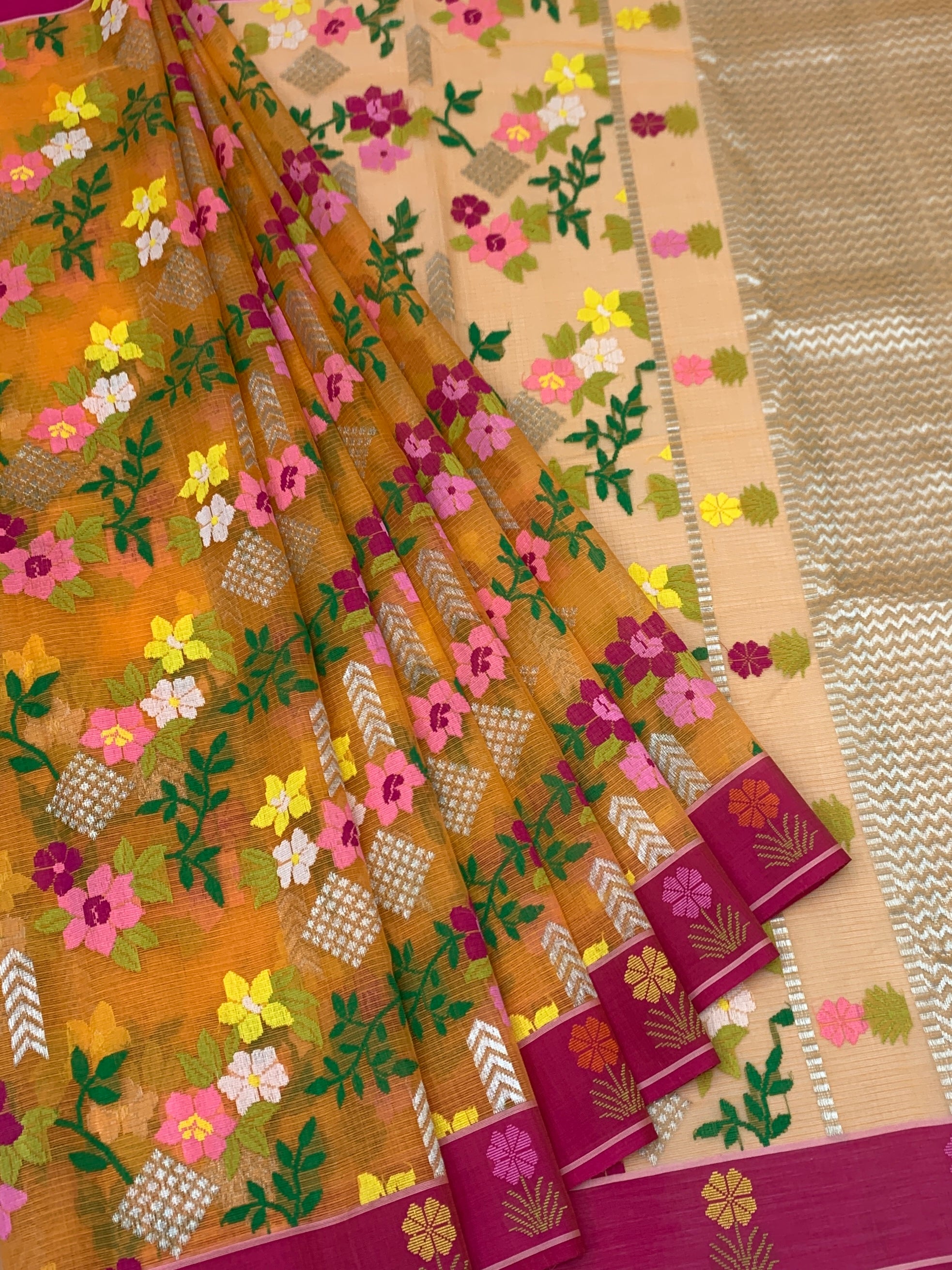 Floral Zari Kota Saree with Contrast Rani Pink Blouse